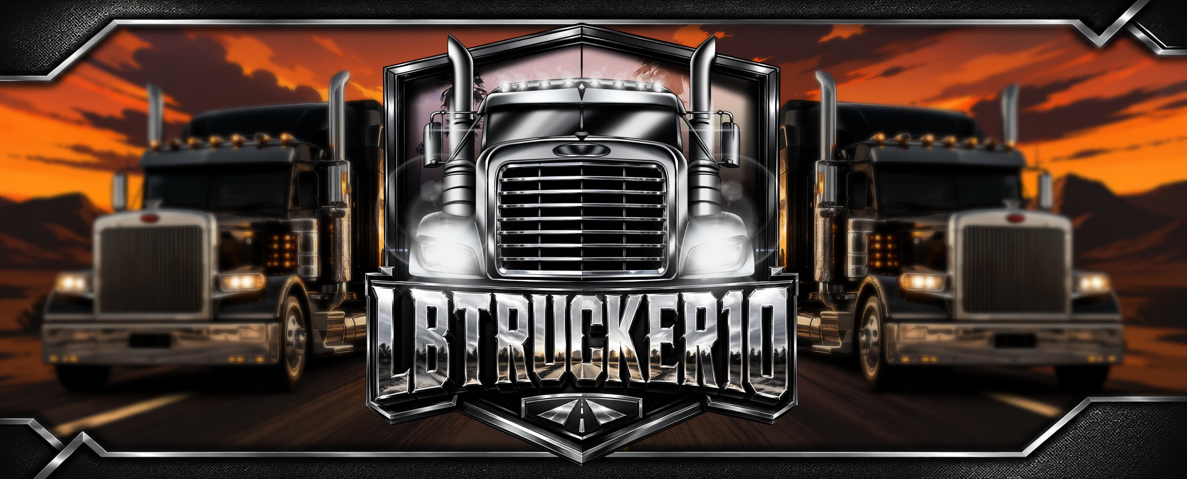 Illustration banner featuring two trucks and bold trucking-brand text.