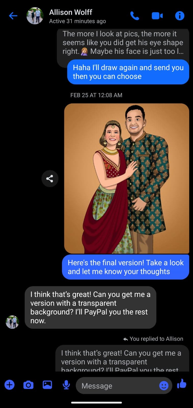 Screenshot of an Instagram conversation with client feedback on a couple portrait illustration.