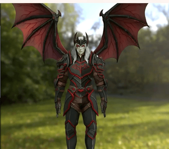 Video clip of an animated red-winged armored demon character standing in a forest clearing.