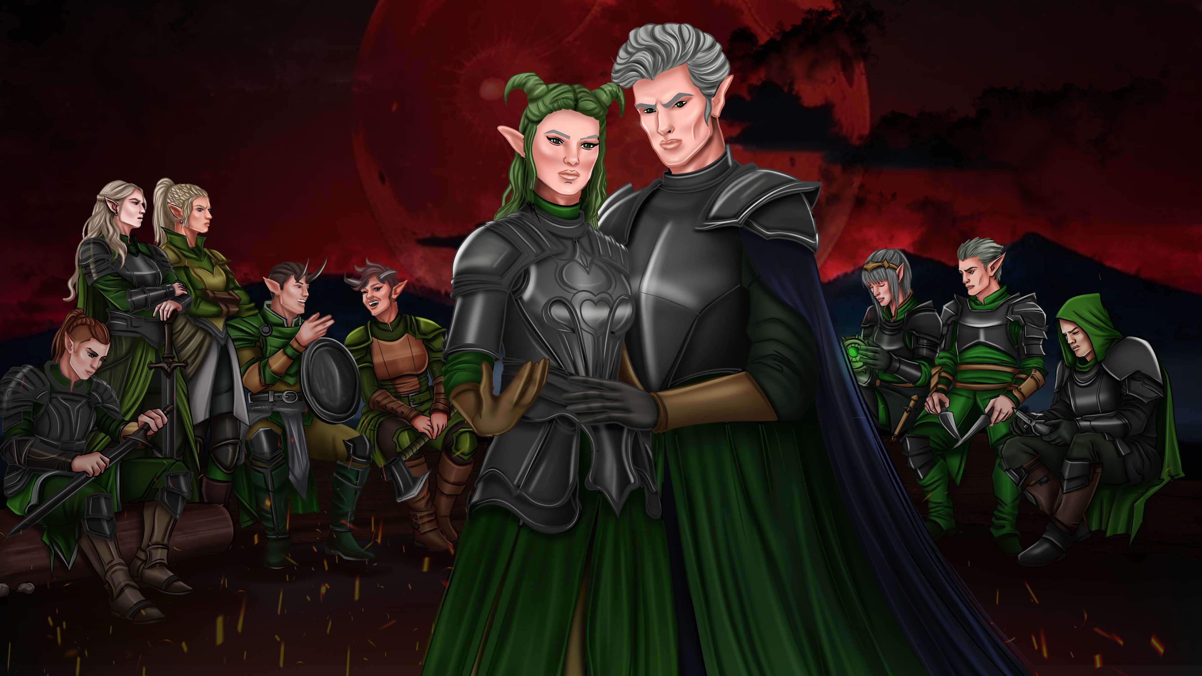 Illustration of a group of armored fantasy characters standing together.