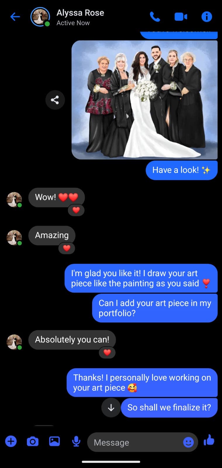 Screenshot of an Instagram conversation with client feedback on a wedding group portrait illustration.