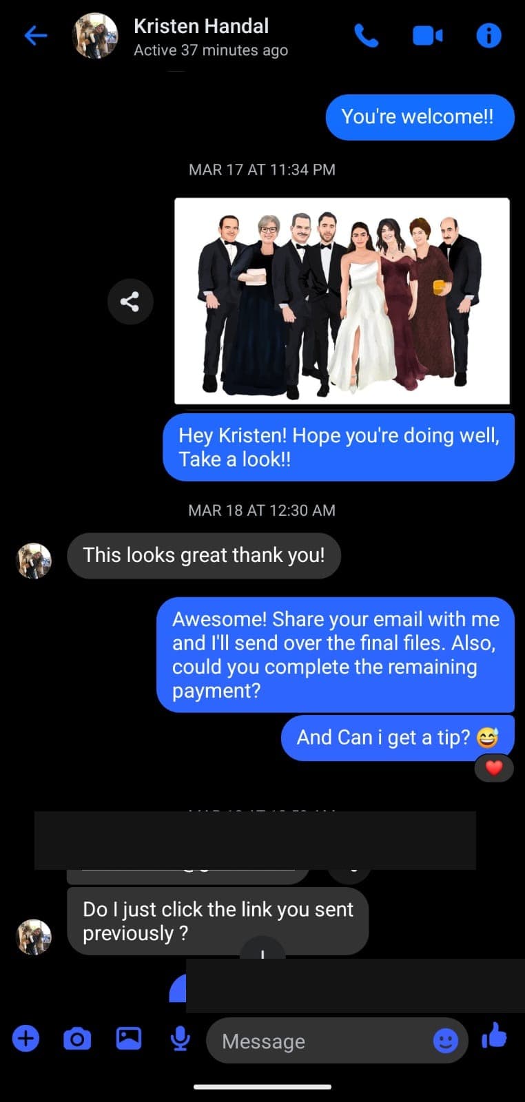 Screenshot of a conversation about a family portrait illustration (client email address and payment link redacted).