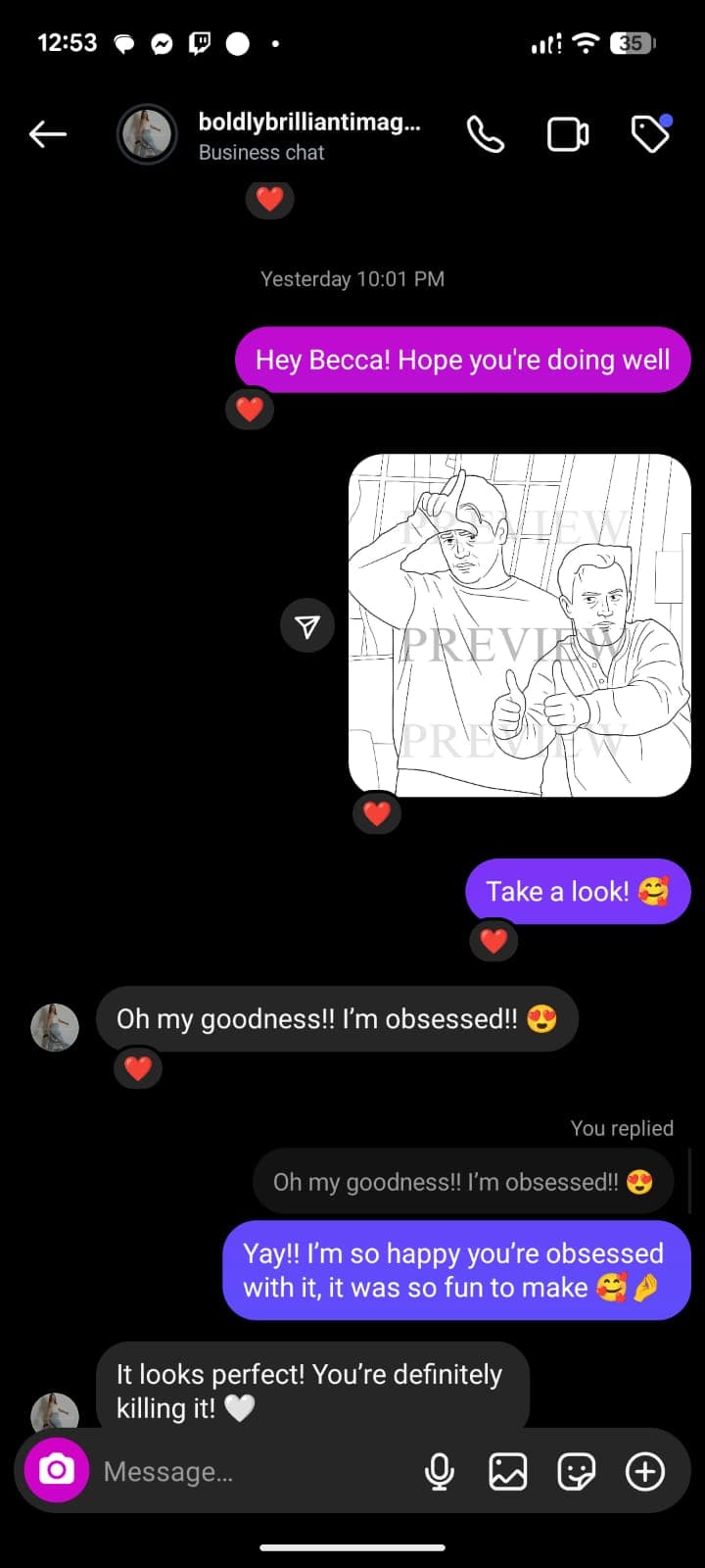 Screenshot of an Instagram business chat with client feedback on a line-art illustration.