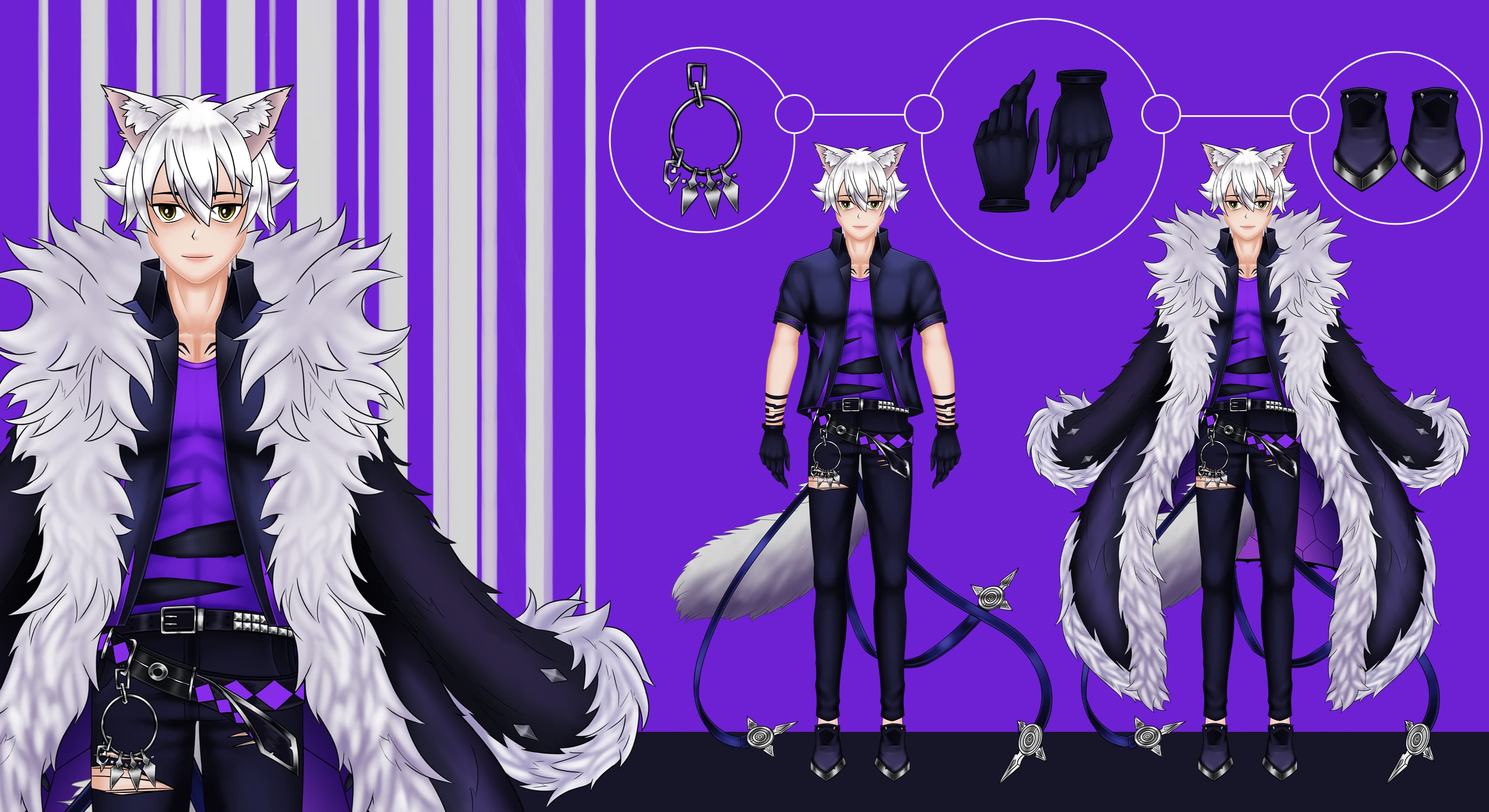 Multi-pose character reference sheet of a white-haired anthropomorphic fox character.