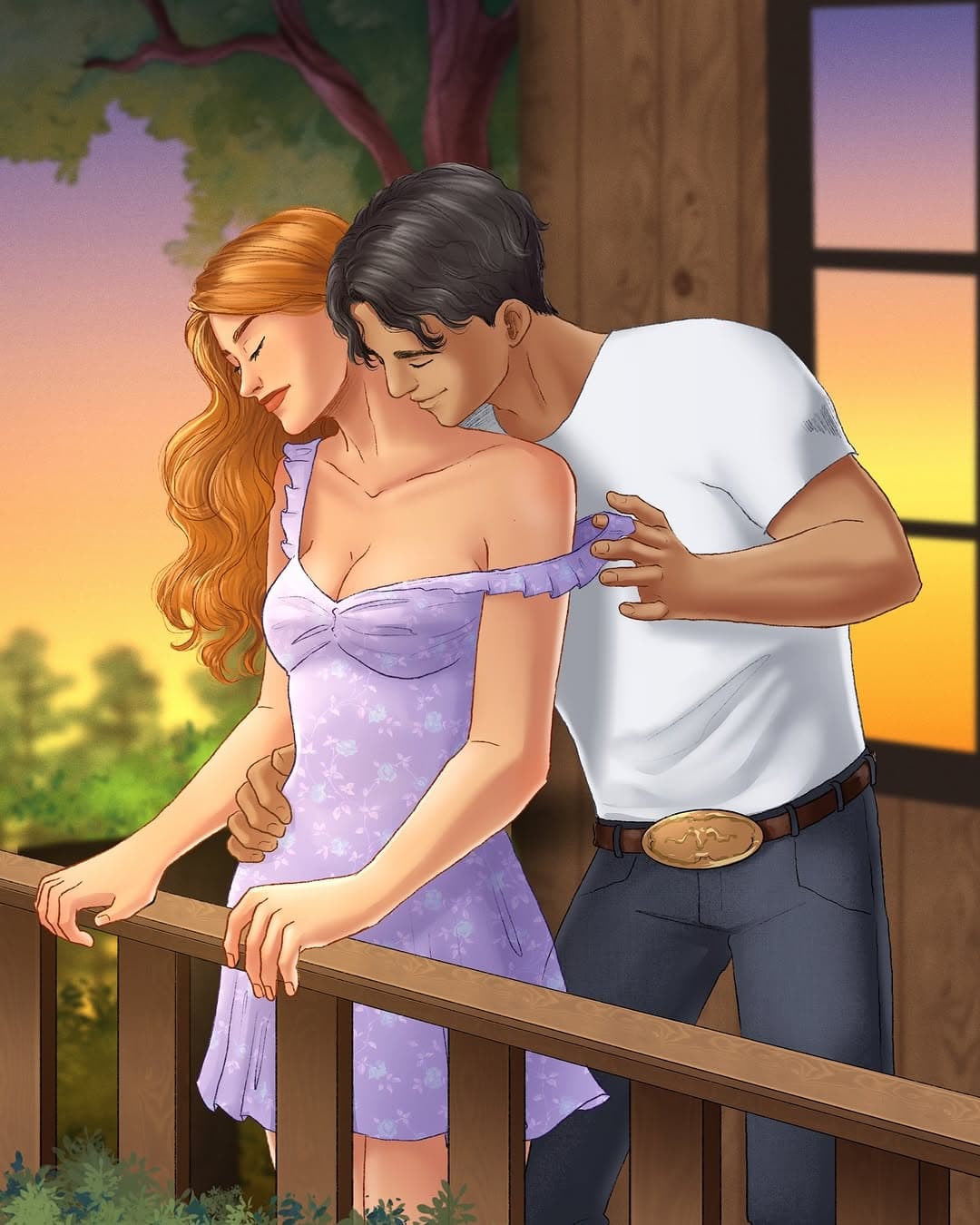 Illustration of a couple standing together on a balcony at sunset.