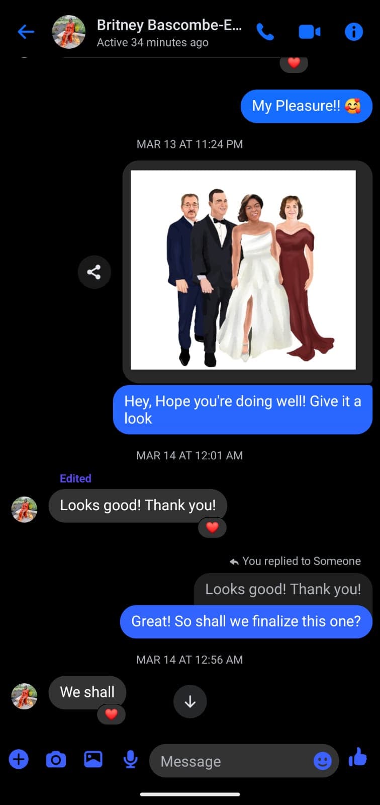 Screenshot of an Instagram conversation with client feedback on a family portrait illustration.