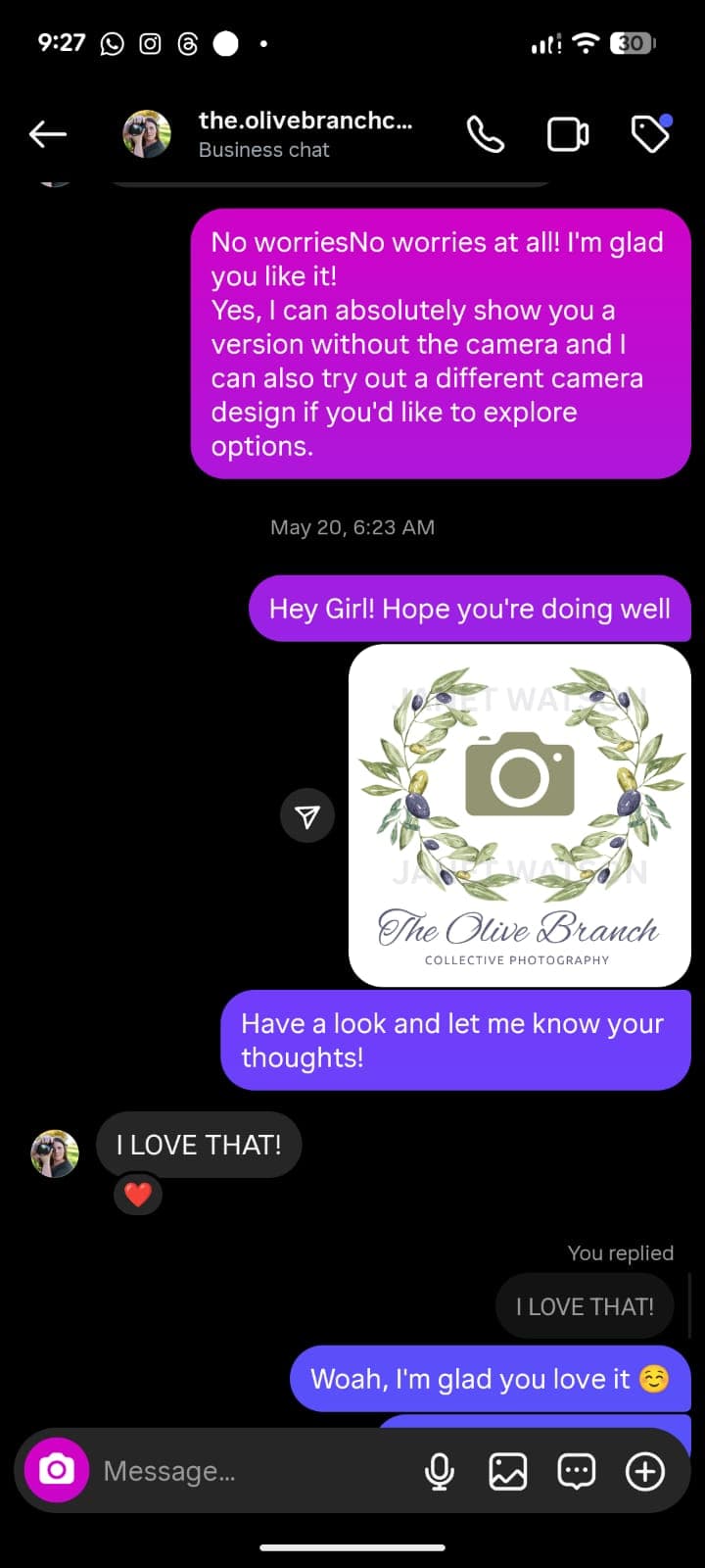Screenshot of an Instagram business chat with client feedback on a logo design.