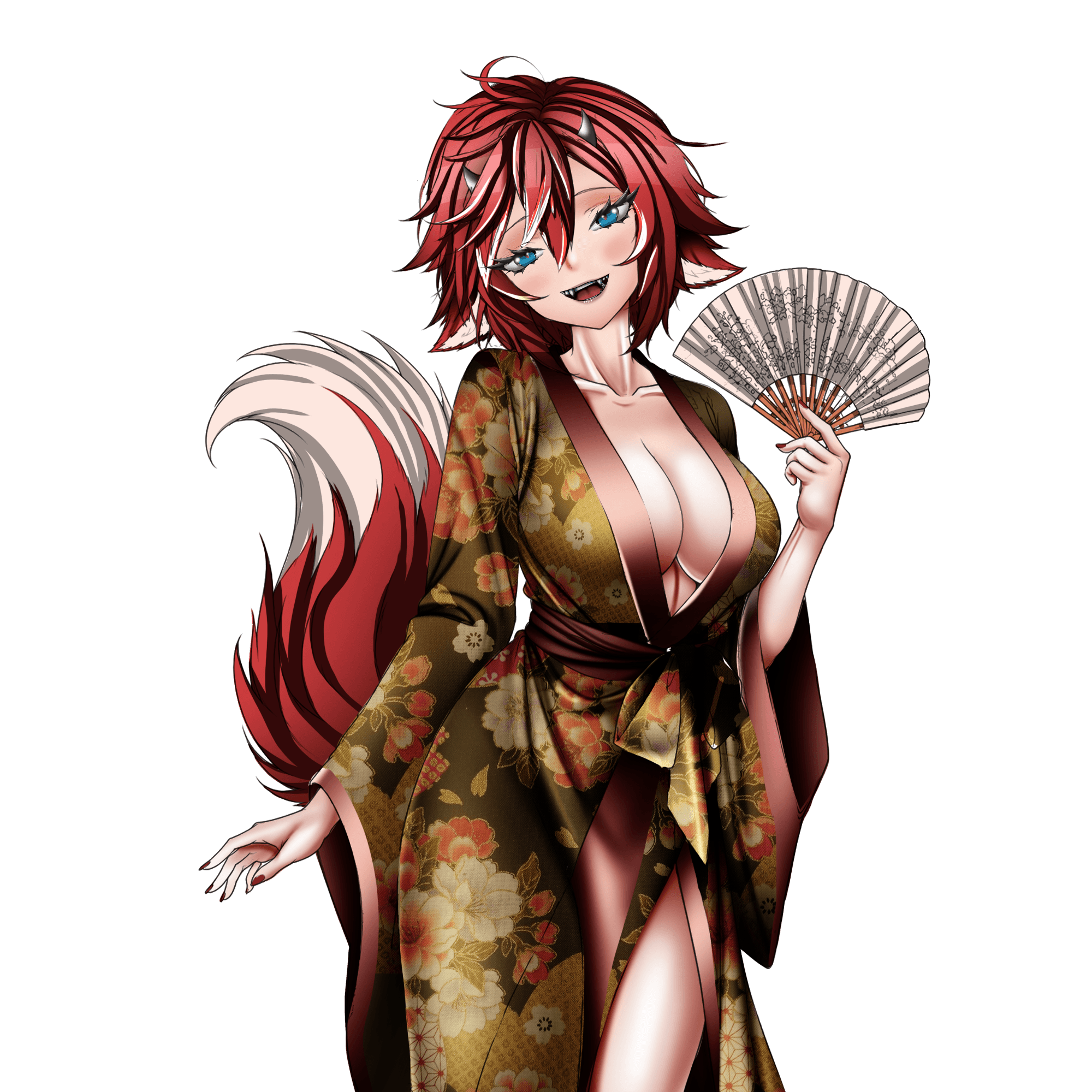 Anime-style illustration of a red-haired fox character with a fox tail, wearing a floral kimono and holding a folding fan