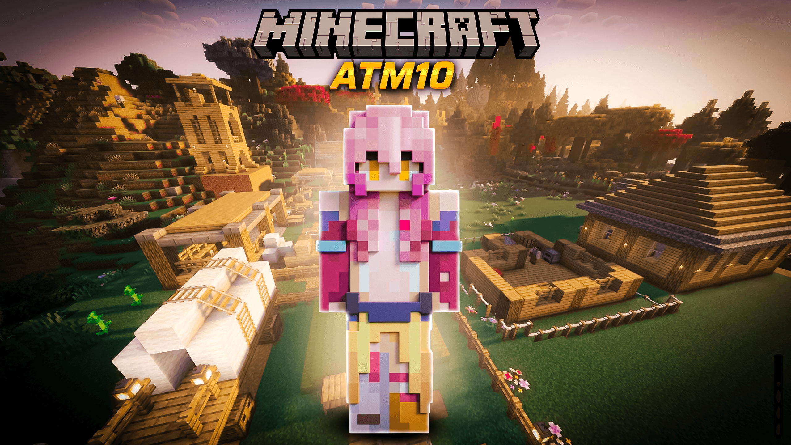 Minecraft ATM10 YouTube thumbnail featuring a pink-haired character skin in front of a modded Minecraft village at dusk