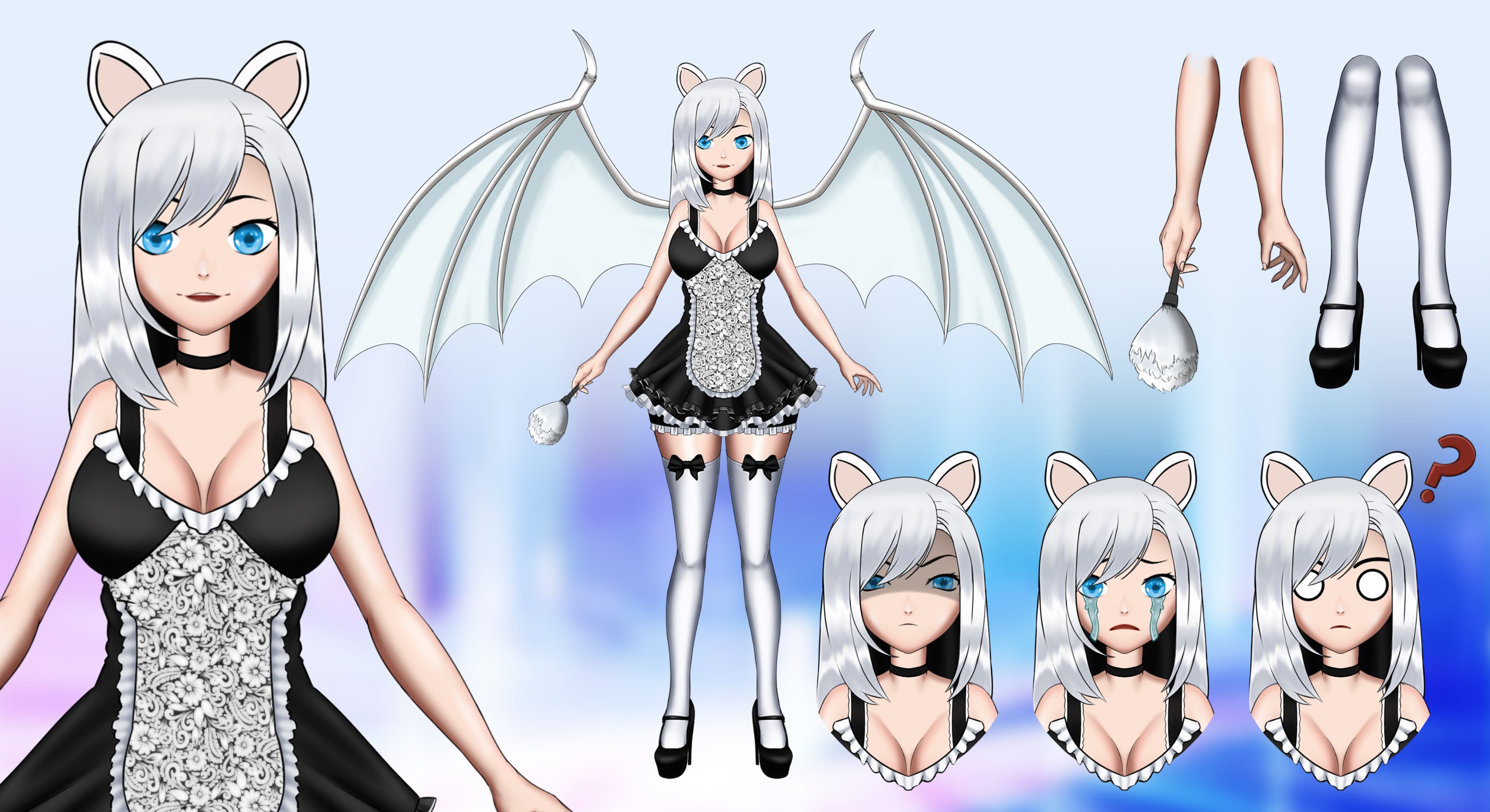 Digital 3d art featuring 3D winged character reference sheet.