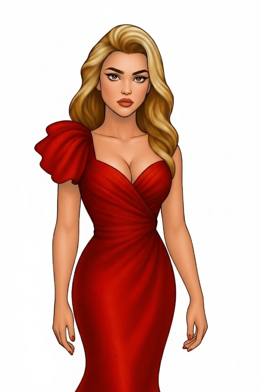 Digital characters featuring woman in red dress.