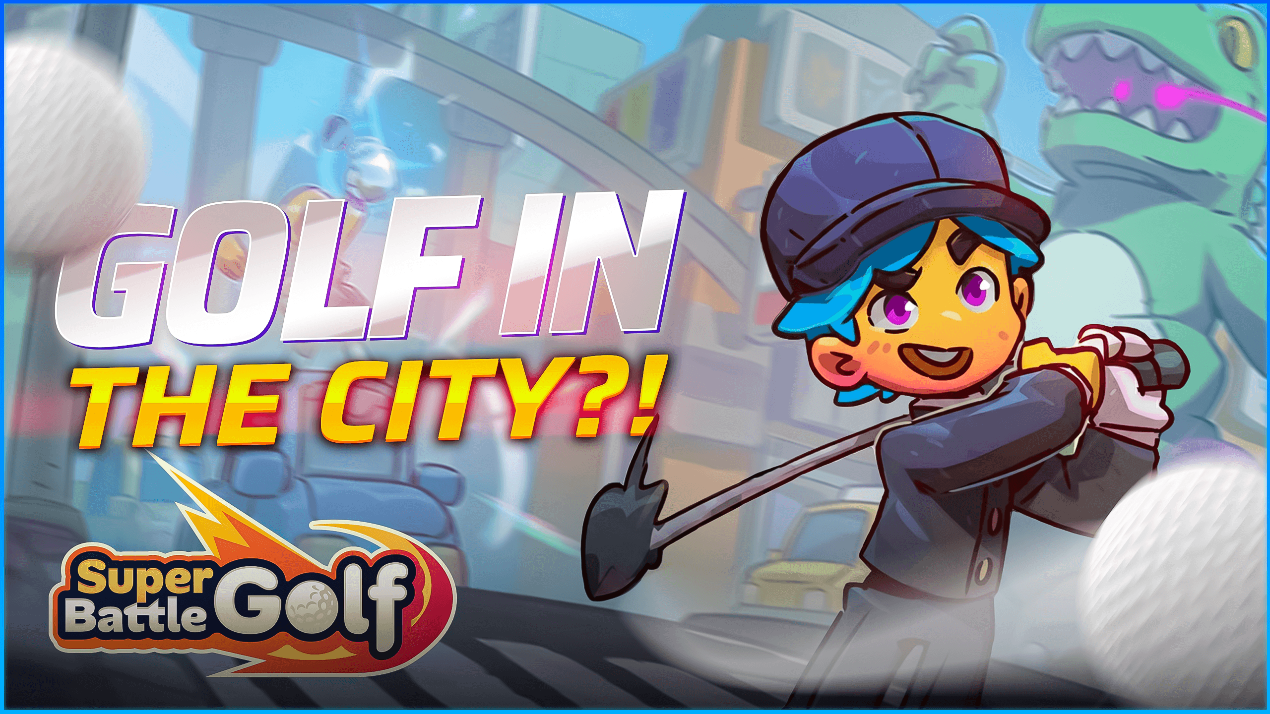 Custom YouTube thumbnail for Super Battle Golf showing a cartoon golfer character mid-swing in a city street