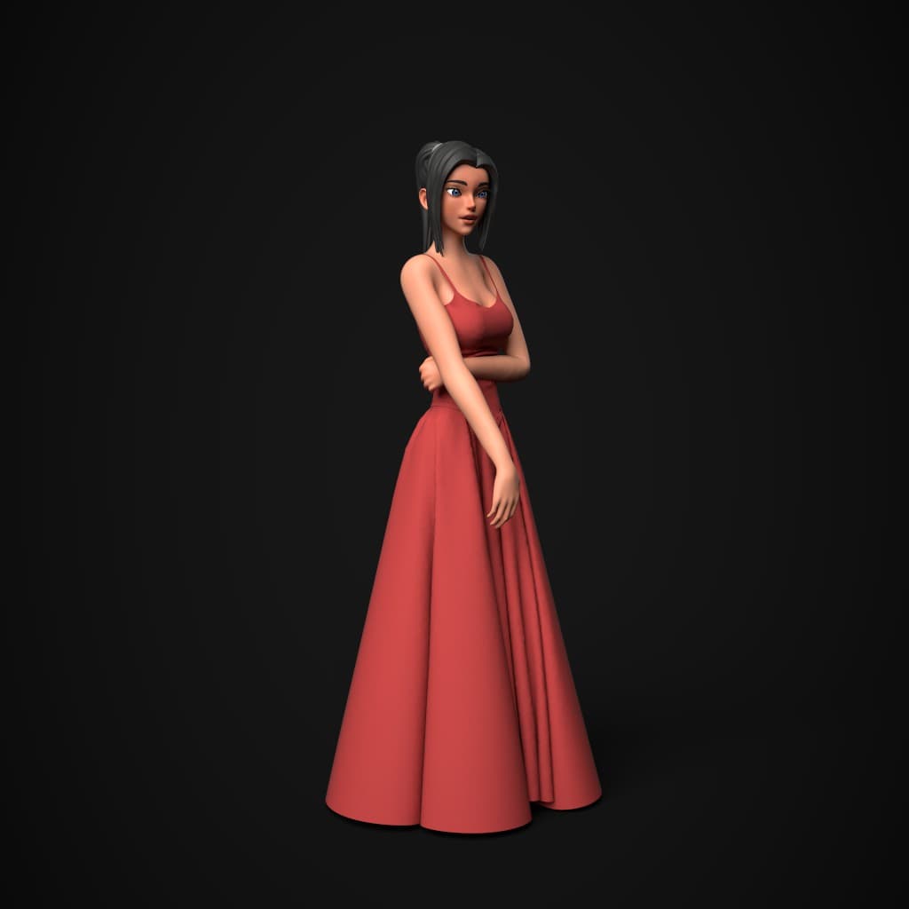 Digital 3d art featuring 3D woman in red dress.