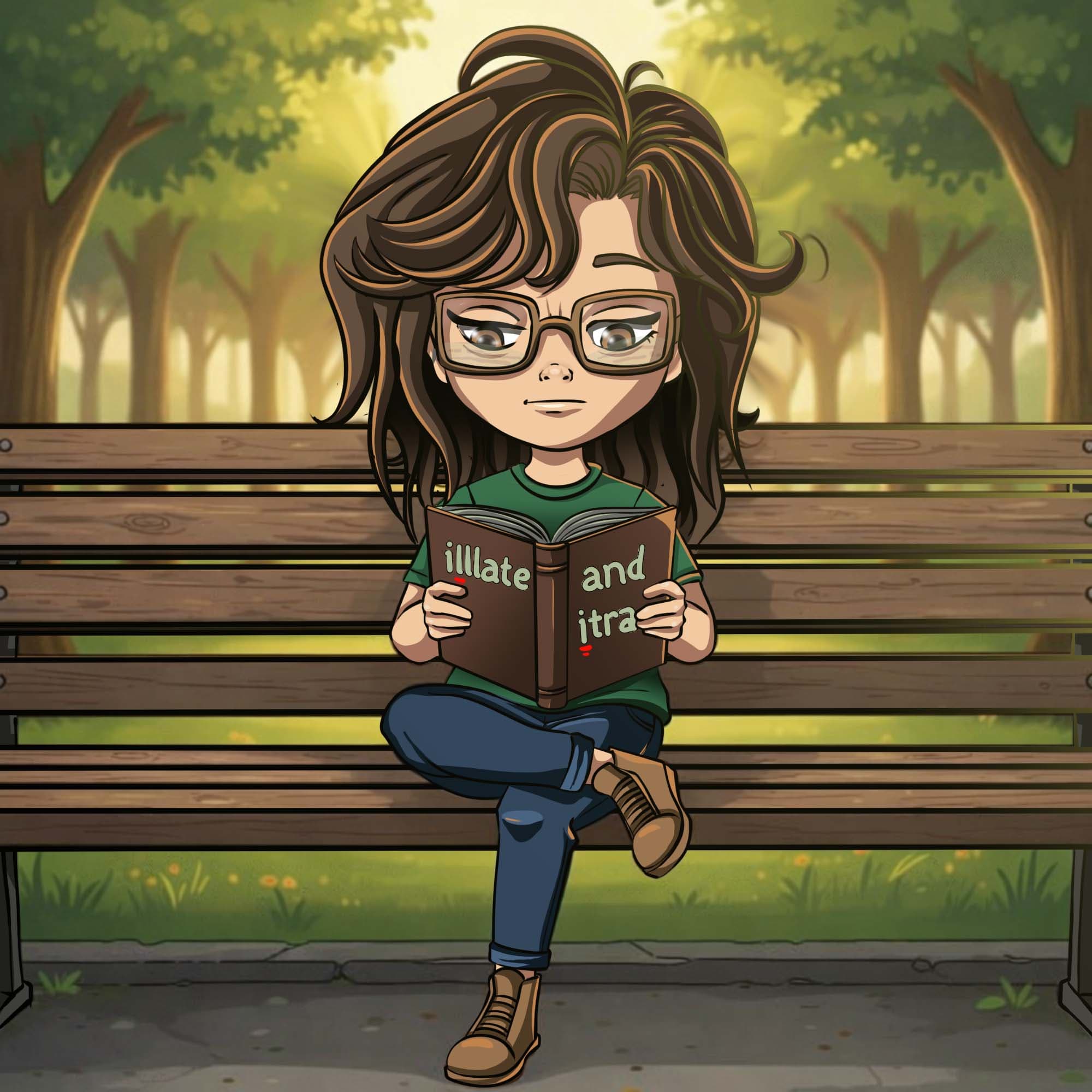 Illustration of a character reading a book on a park bench.