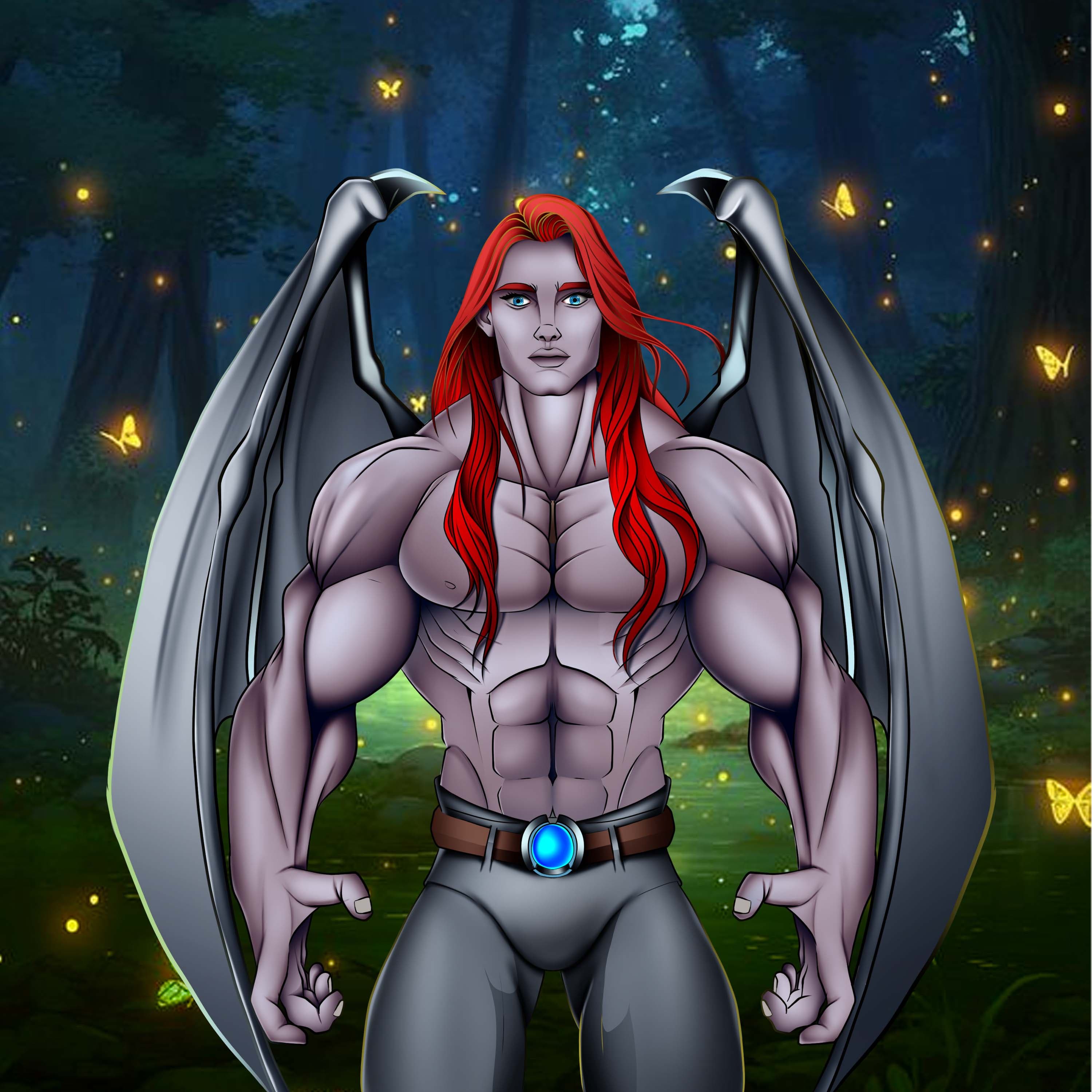 Digital characters featuring red-haired winged demon.