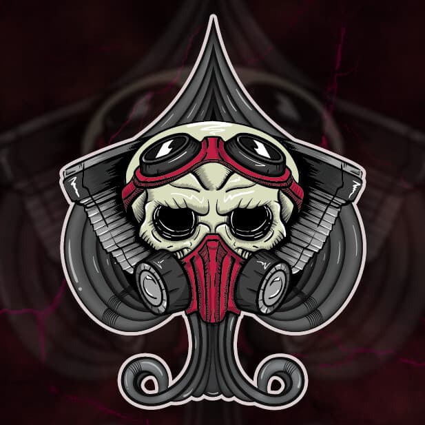 Skull wearing goggles and a mask inside a spade emblem with exhaust pipe details