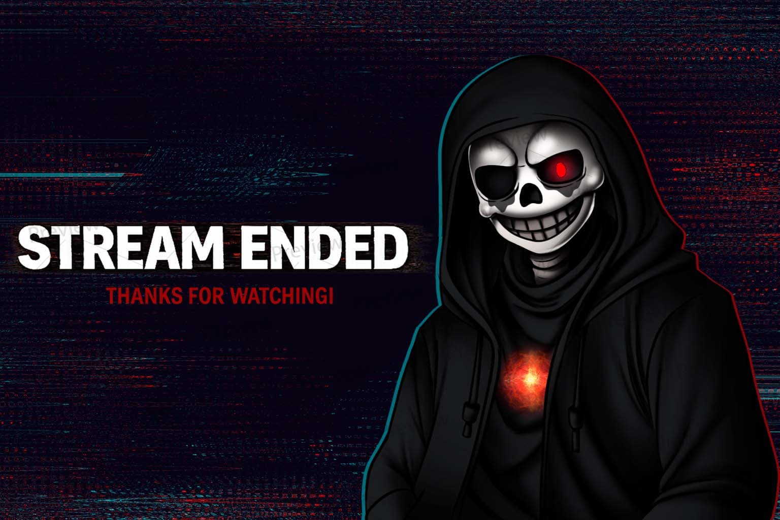 Hooded skull character on a dark "stream ended" screen.