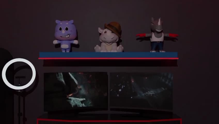 3D-rendered streaming room scene with mascot figures on a shelf above monitors.