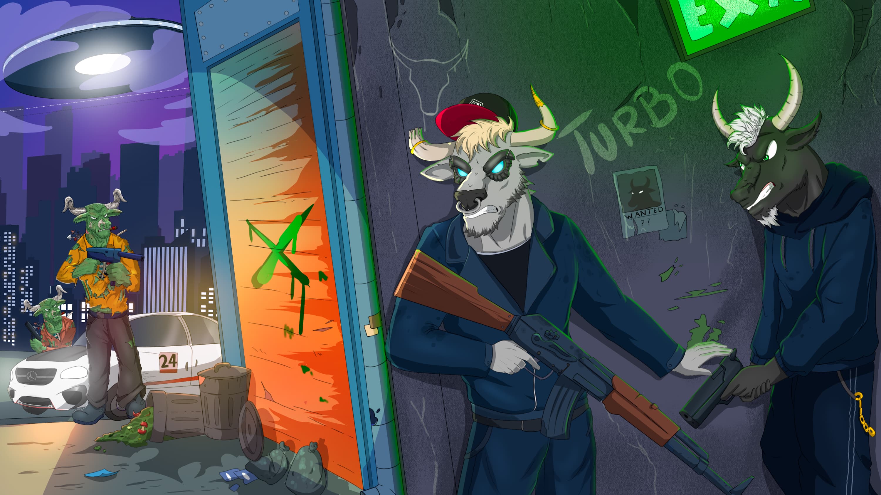 Digital characters featuring bulls.
