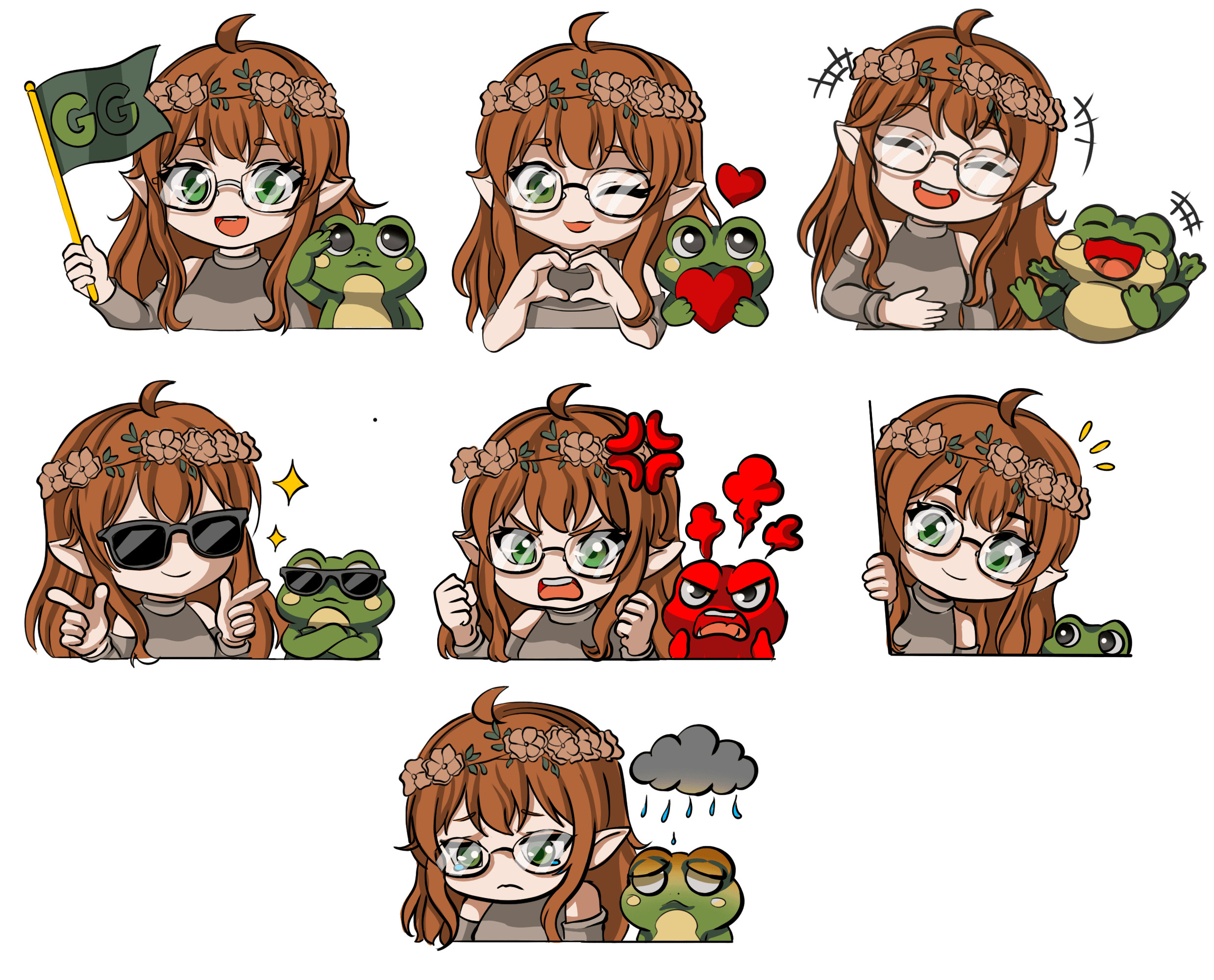 Sheet of seven custom emotes featuring a chibi elf character and her frog companion in different expressions