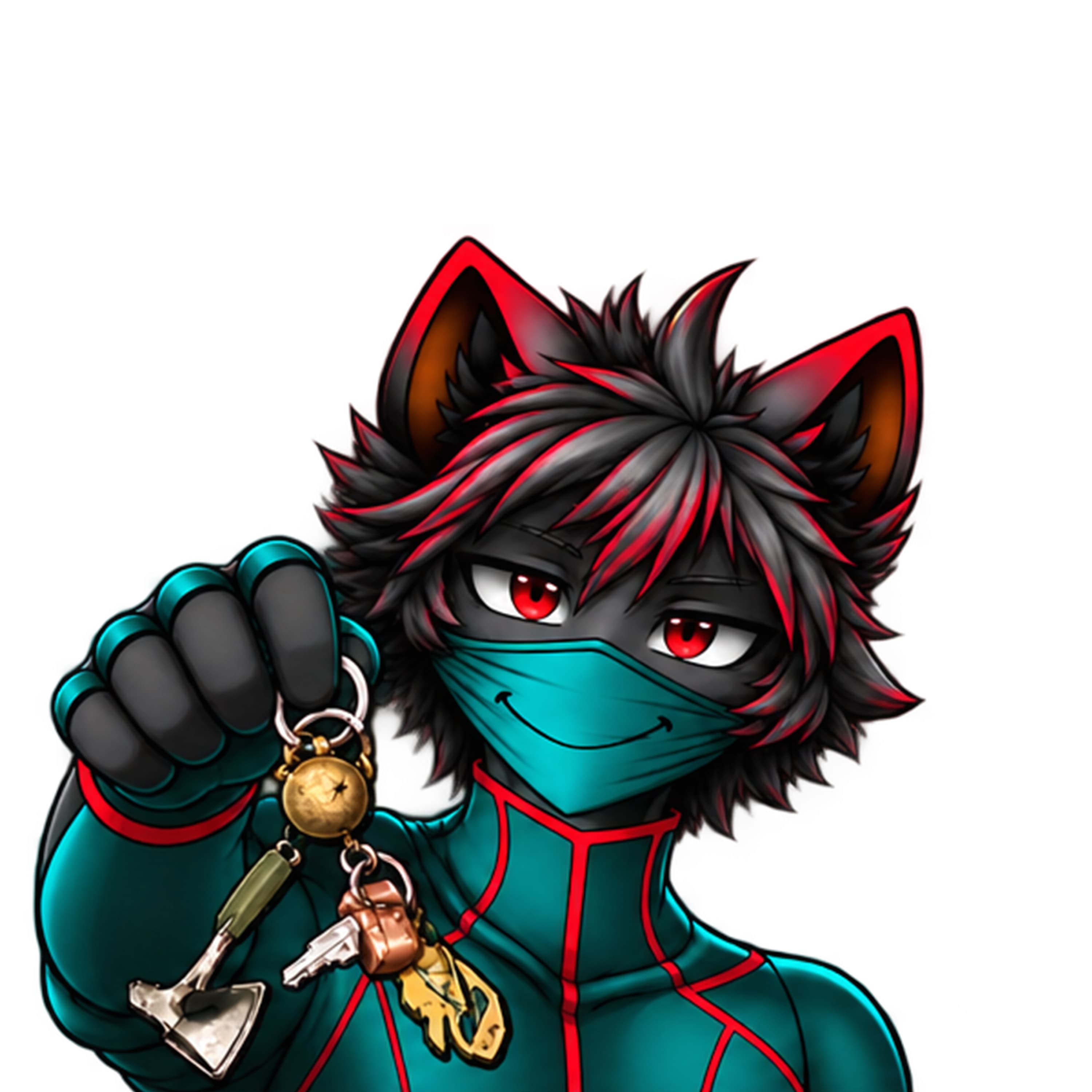 Anime-style illustration of a masked wolf-eared character with black and red hair, wearing a teal mask and holding a keyring