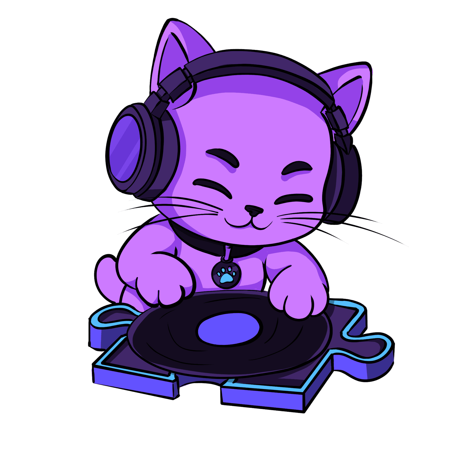 Illustrated purple DJ cat mascot wearing headphones and spinning a record on a turntable