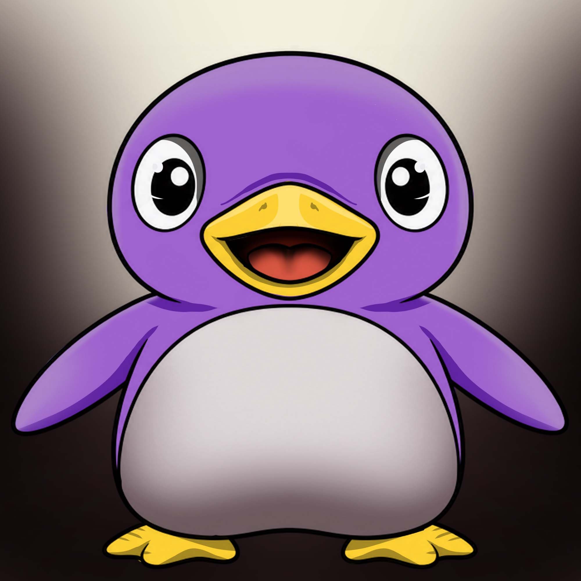 Cheerful purple penguin mascot character illustration on a warm gradient background