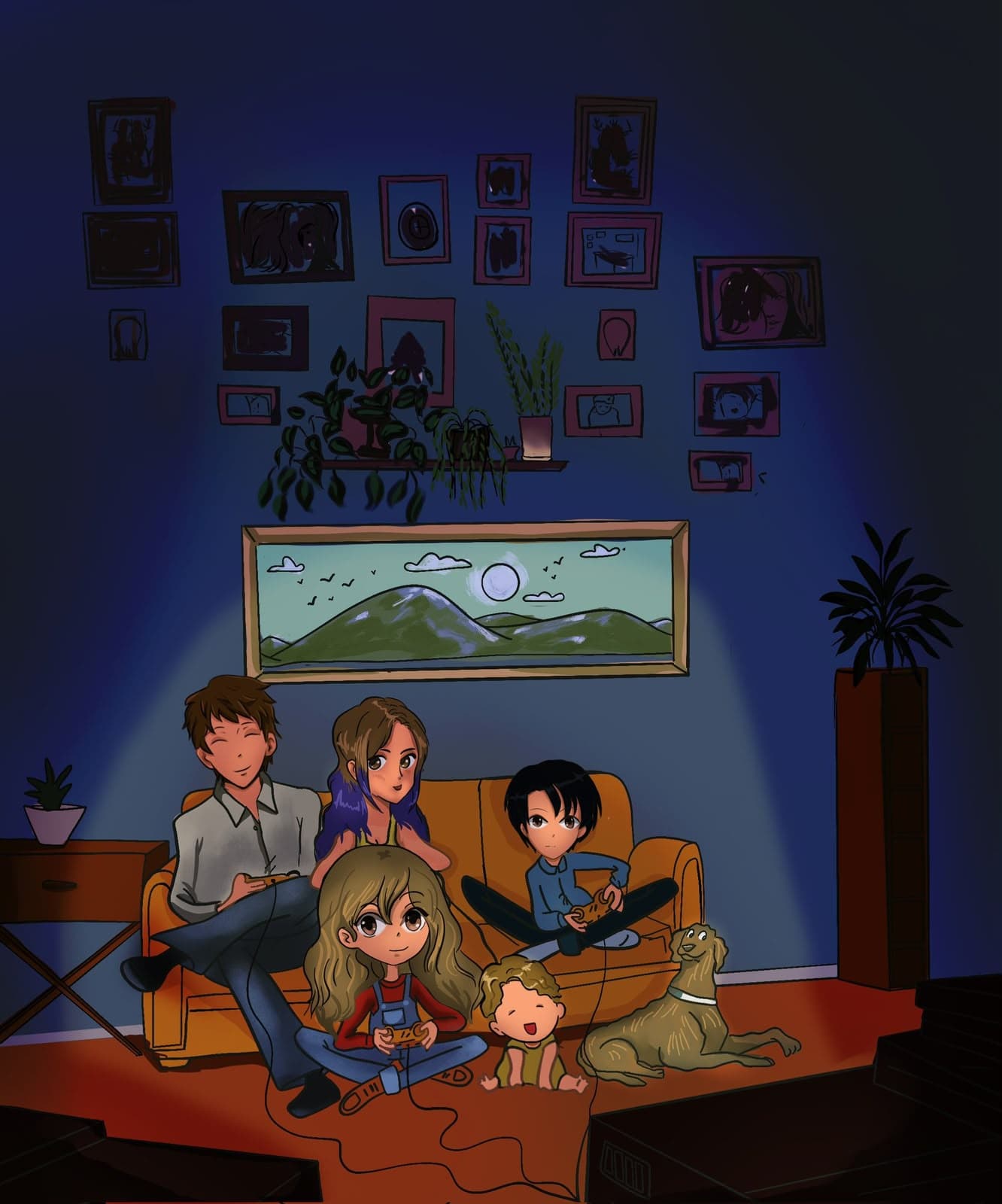 Anime-style illustration of a family of five and a dog playing video games together in a living room