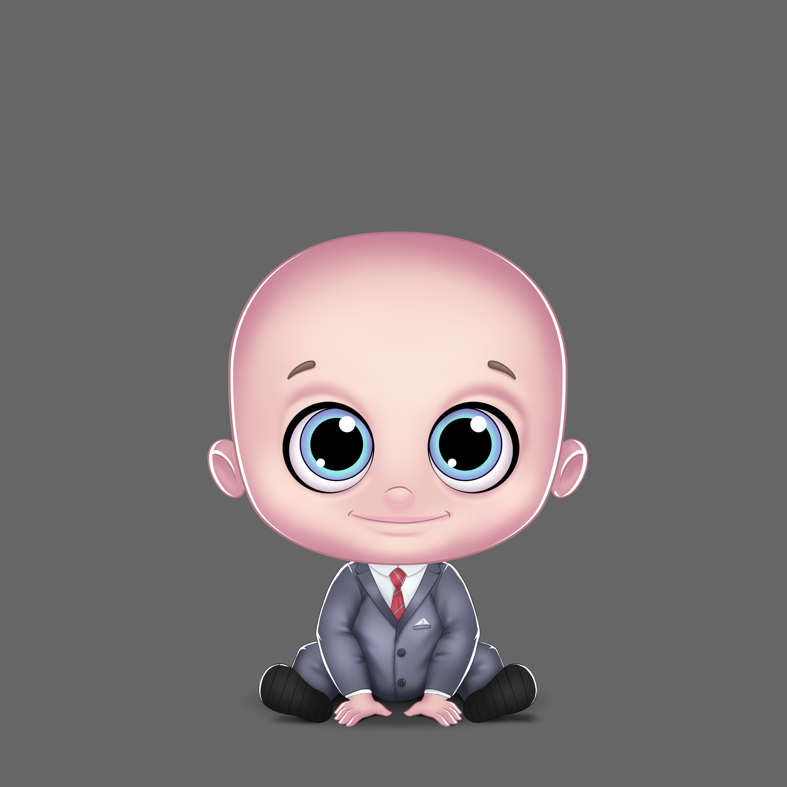 Digital 3d art featuring 3D seated baby character in suit.