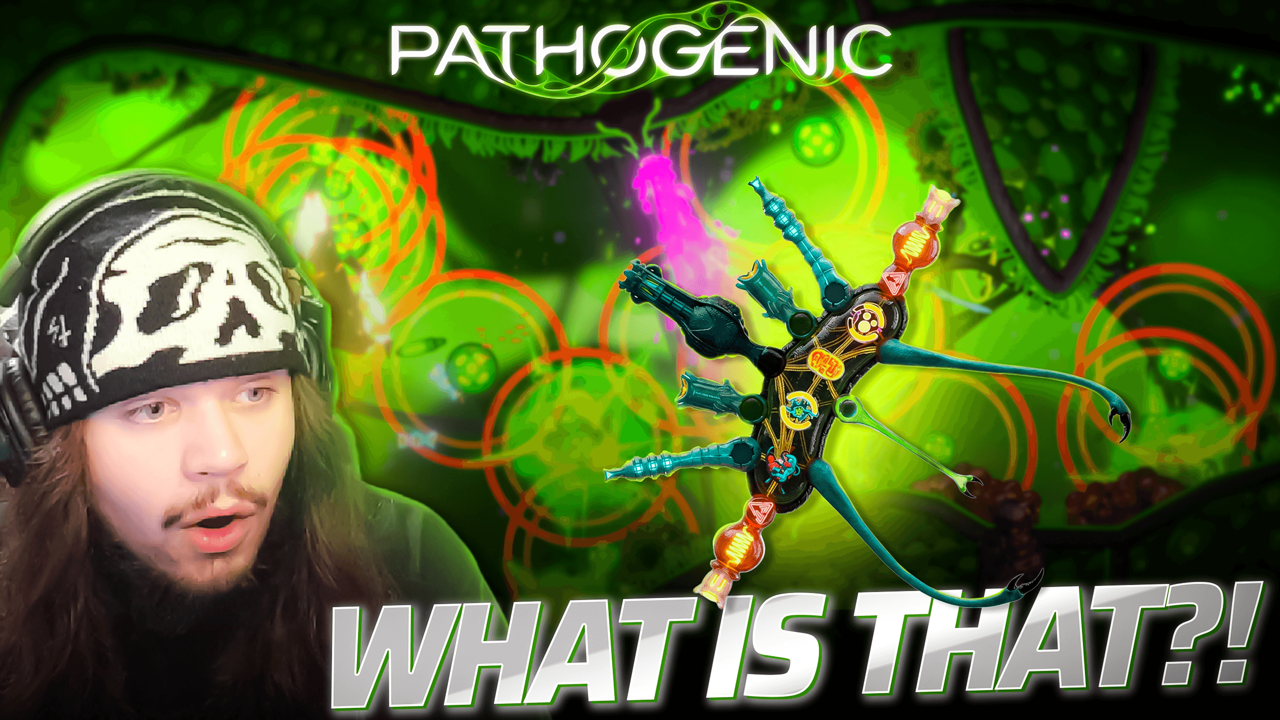 Pathogenic game YouTube thumbnail featuring a streamer reacting beside a glowing alien creature design and bold WHAT IS THAT text