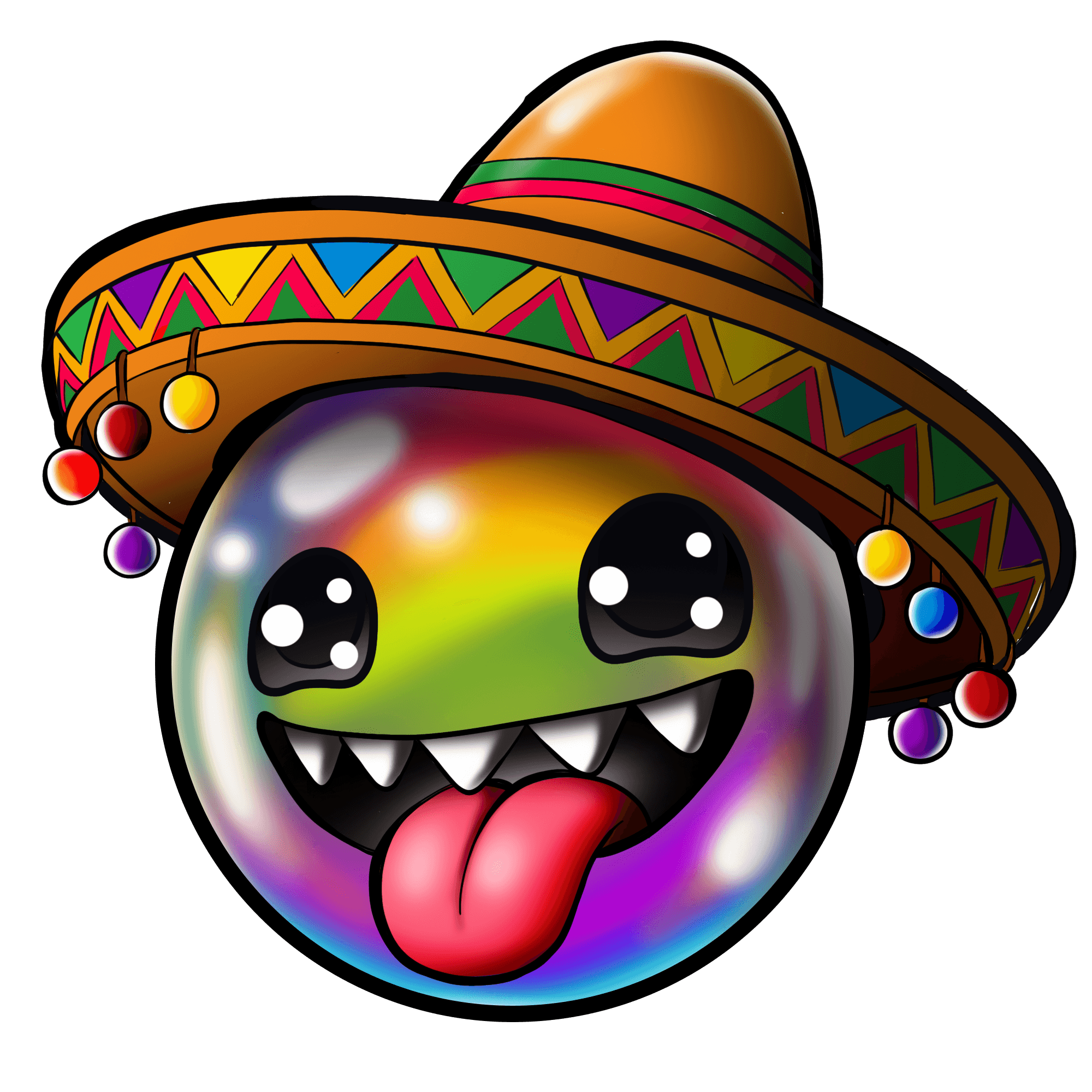 Rainbow-gradient emoji mascot emote wearing a colorful sombrero with tongue out