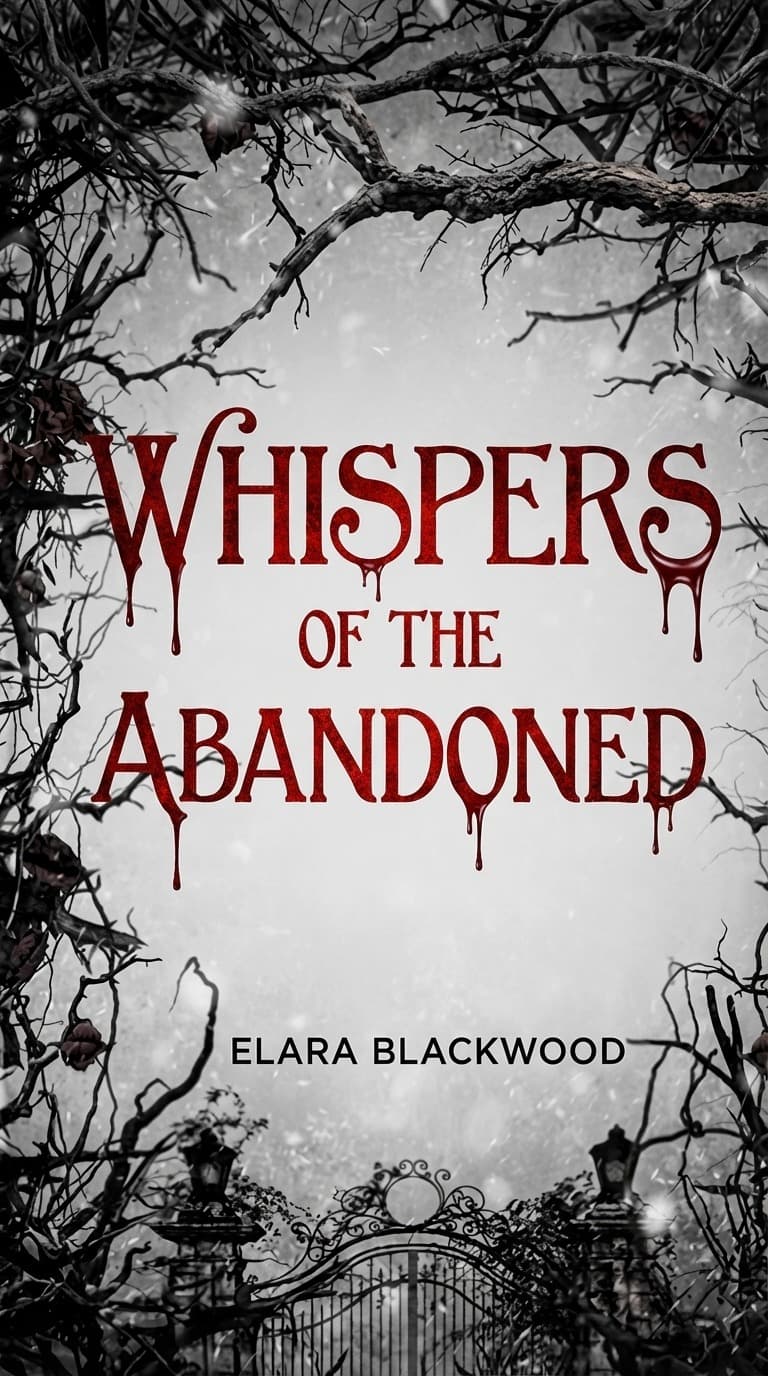 Black and white gothic horror book cover titled Whispers of the Abandoned, framed by bare branches and an iron gate