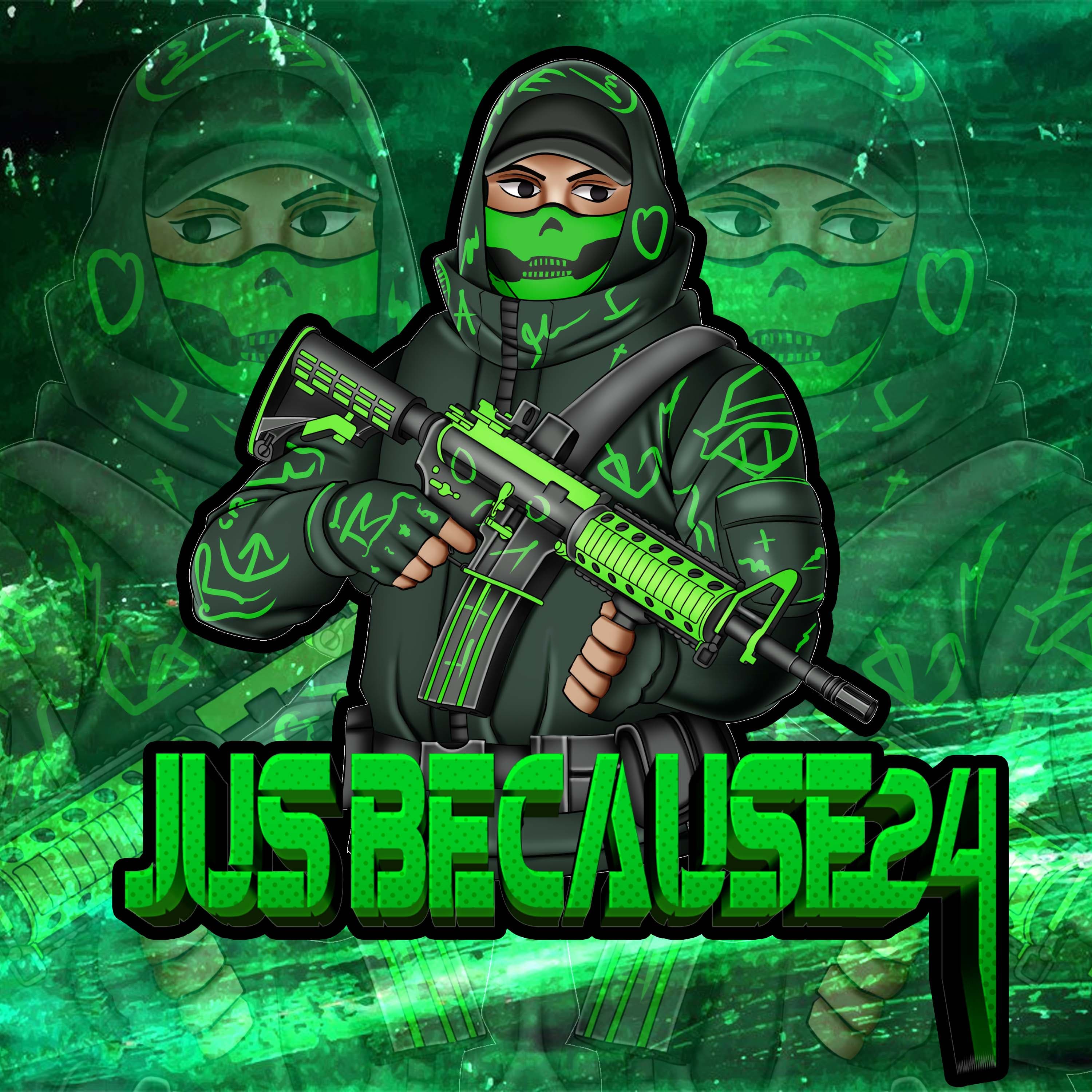 Jusbecause24 logo, masked operator holding a rifle above the Jusbecause24 wordmark