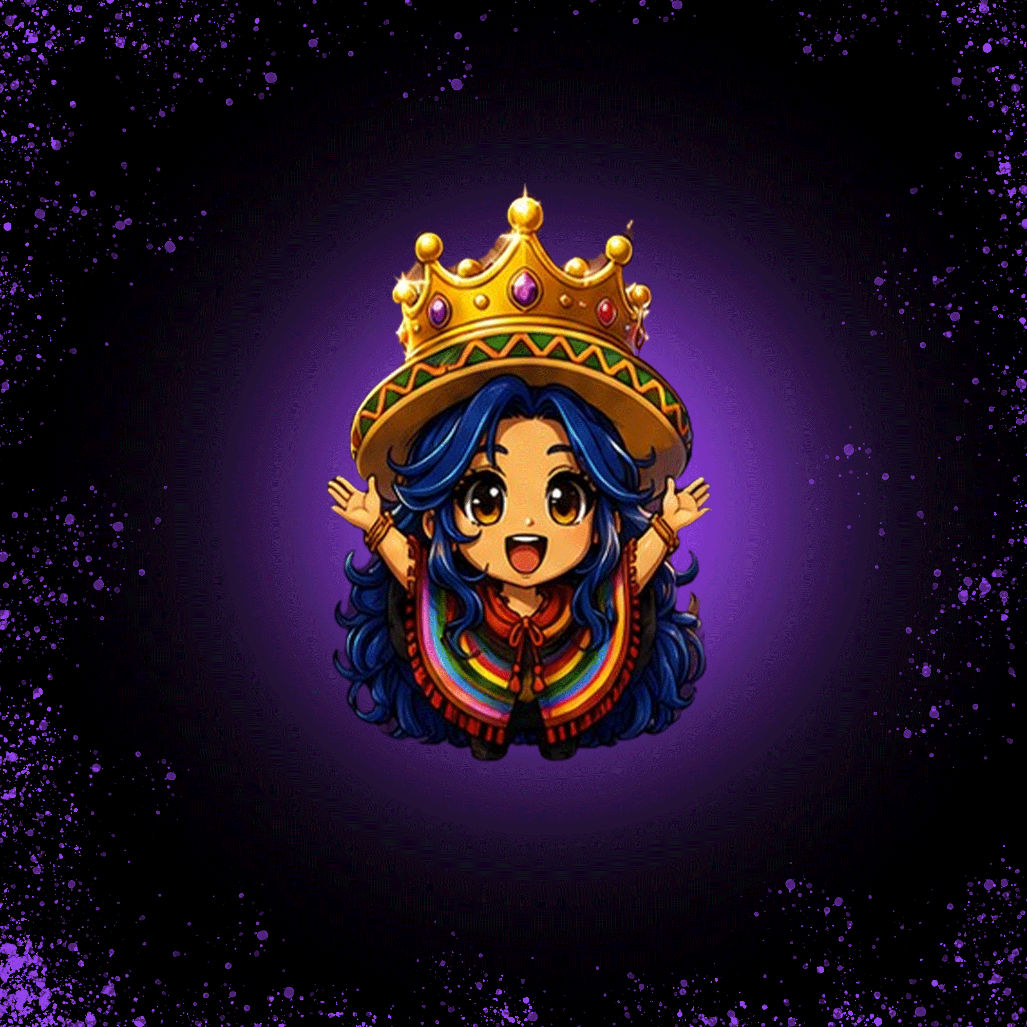 Animated GIF of a crowned chibi emote character with blue hair on a purple starry background.