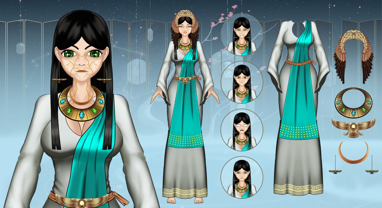 Digital 3d art featuring Egyptian-inspired character reference sheet.