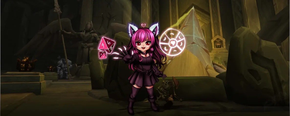 Digital illustration featuring purple fantasy cat character scene.