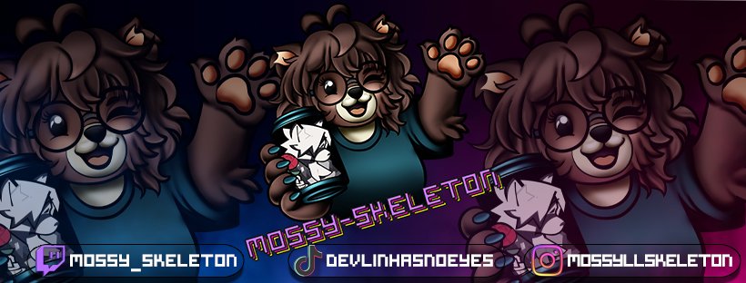 Mossy-Skeleton banner with bear mascot repeated and platform handles listed