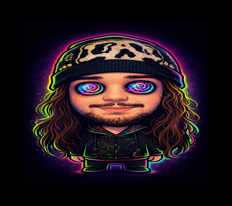 FlashBackk avatar, bearded character with hypnotic swirl eyes and leopard-print beanie