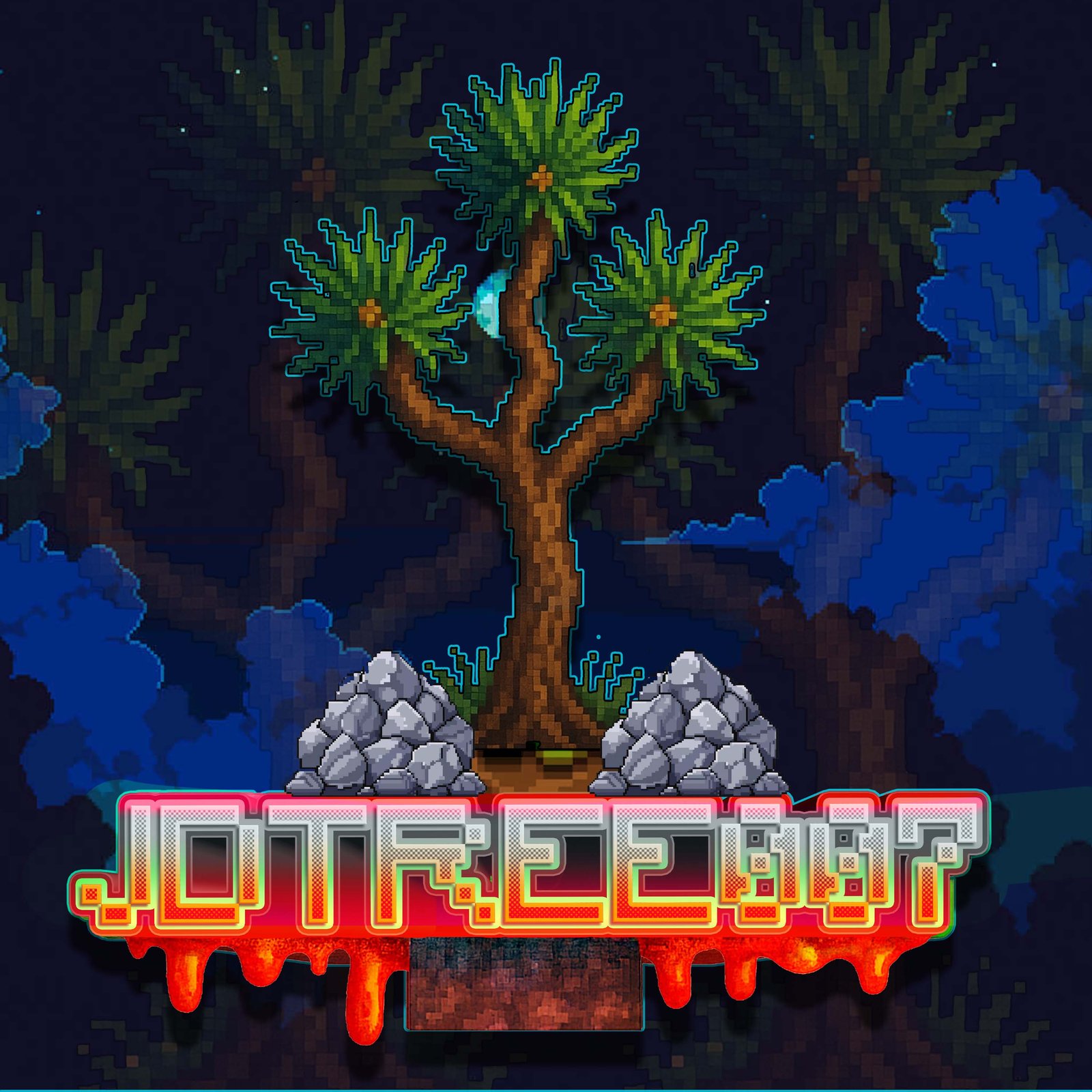 Pixel-art glowing tree logo with JDTREE007 dripping wordmark