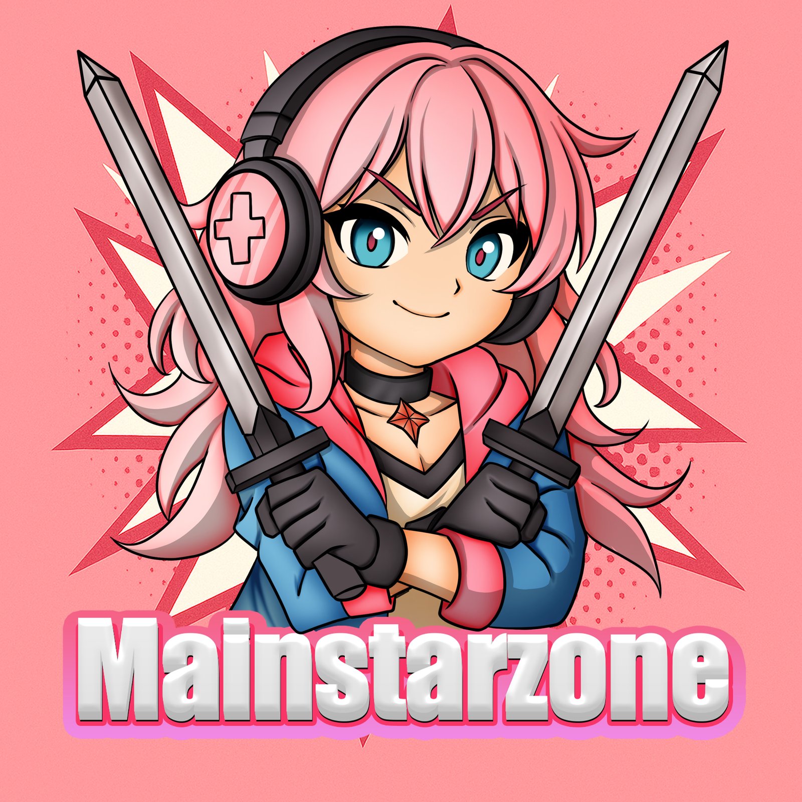 Pink-haired anime streamer holding crossed swords, Mainstarzone wordmark