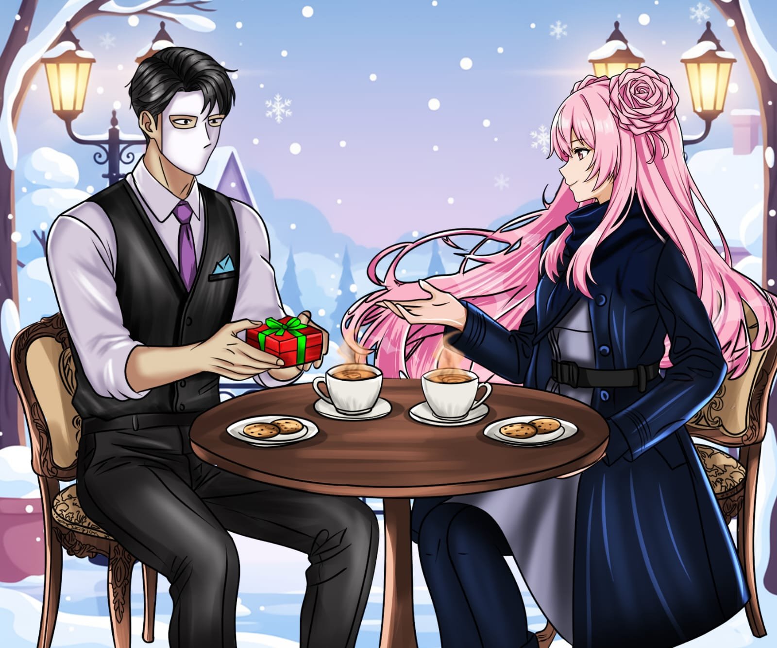 Digital illustration featuring anime café couple.