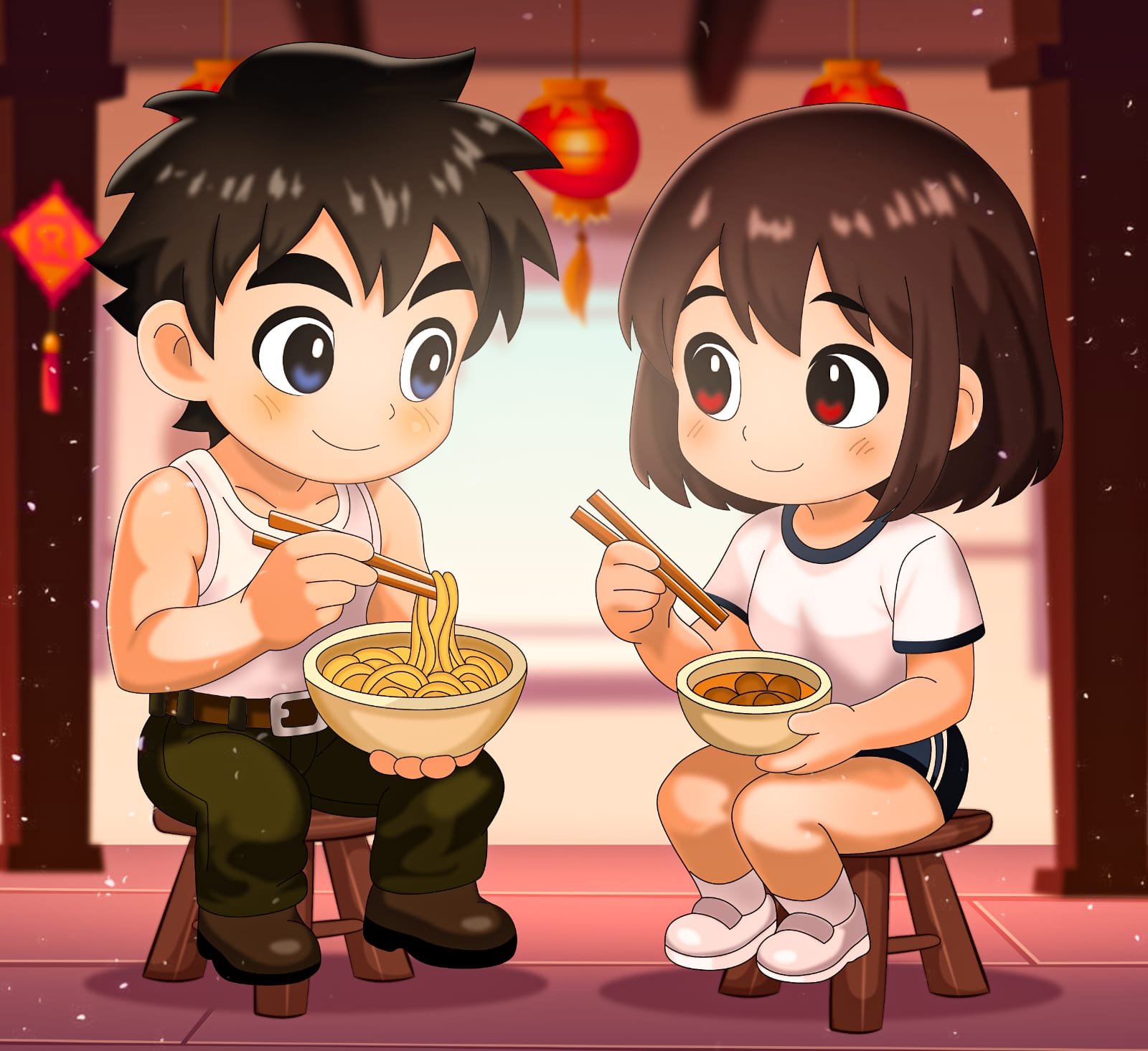 Digital characters featuring chibi friends sharing ramen.