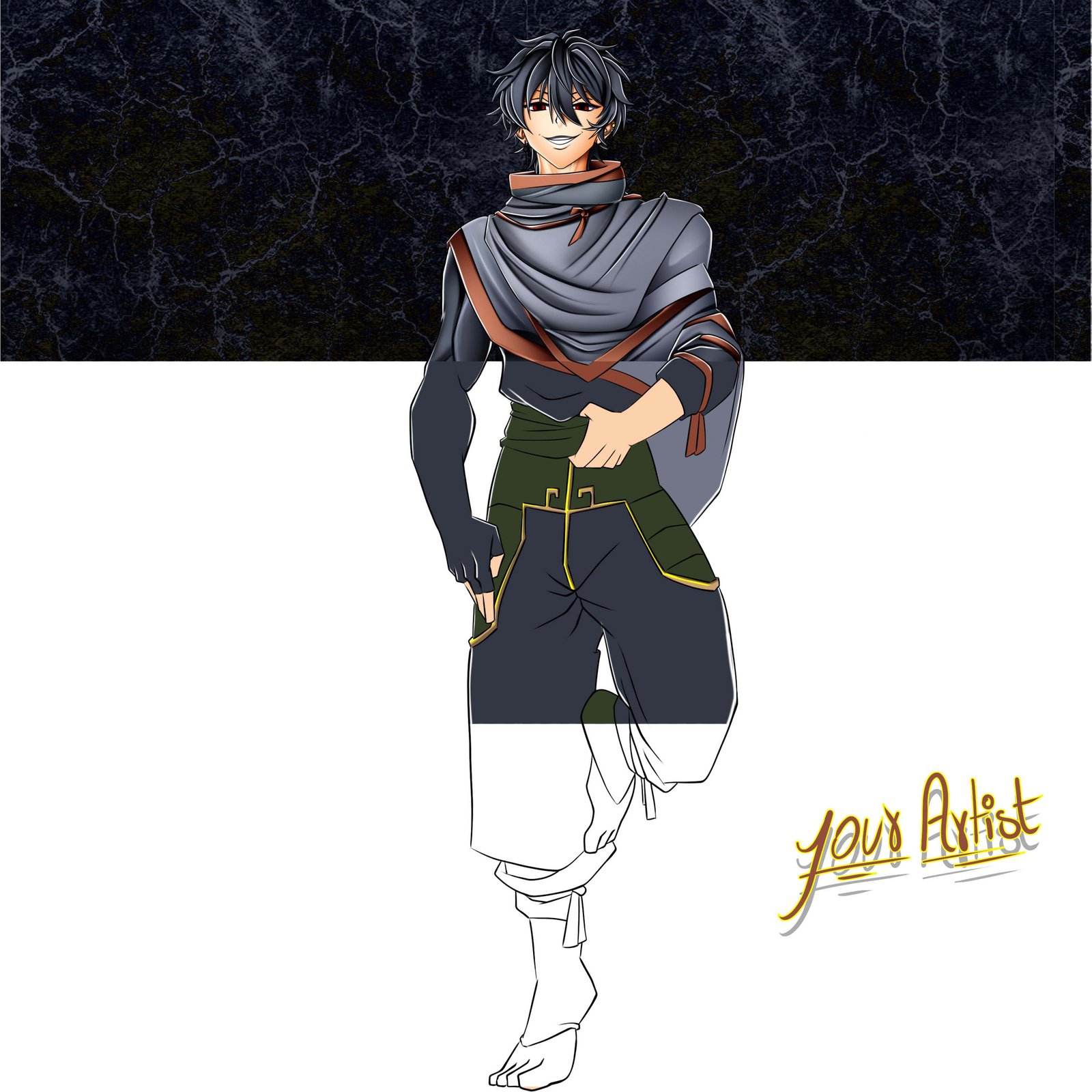 Digital illustration featuring male character design sketch.
