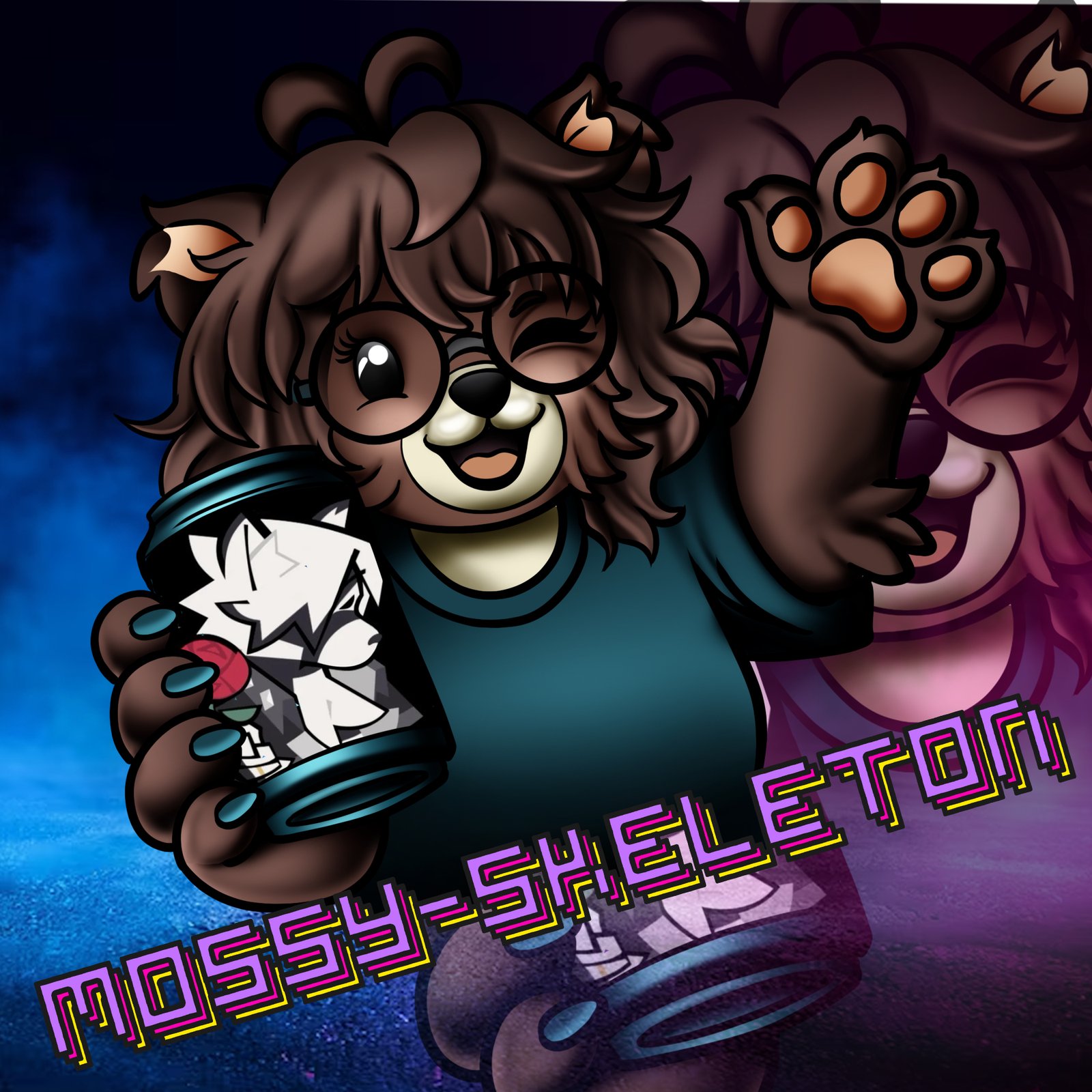 Mossy-Skeleton bear mascot wearing glasses and holding a small framed picture