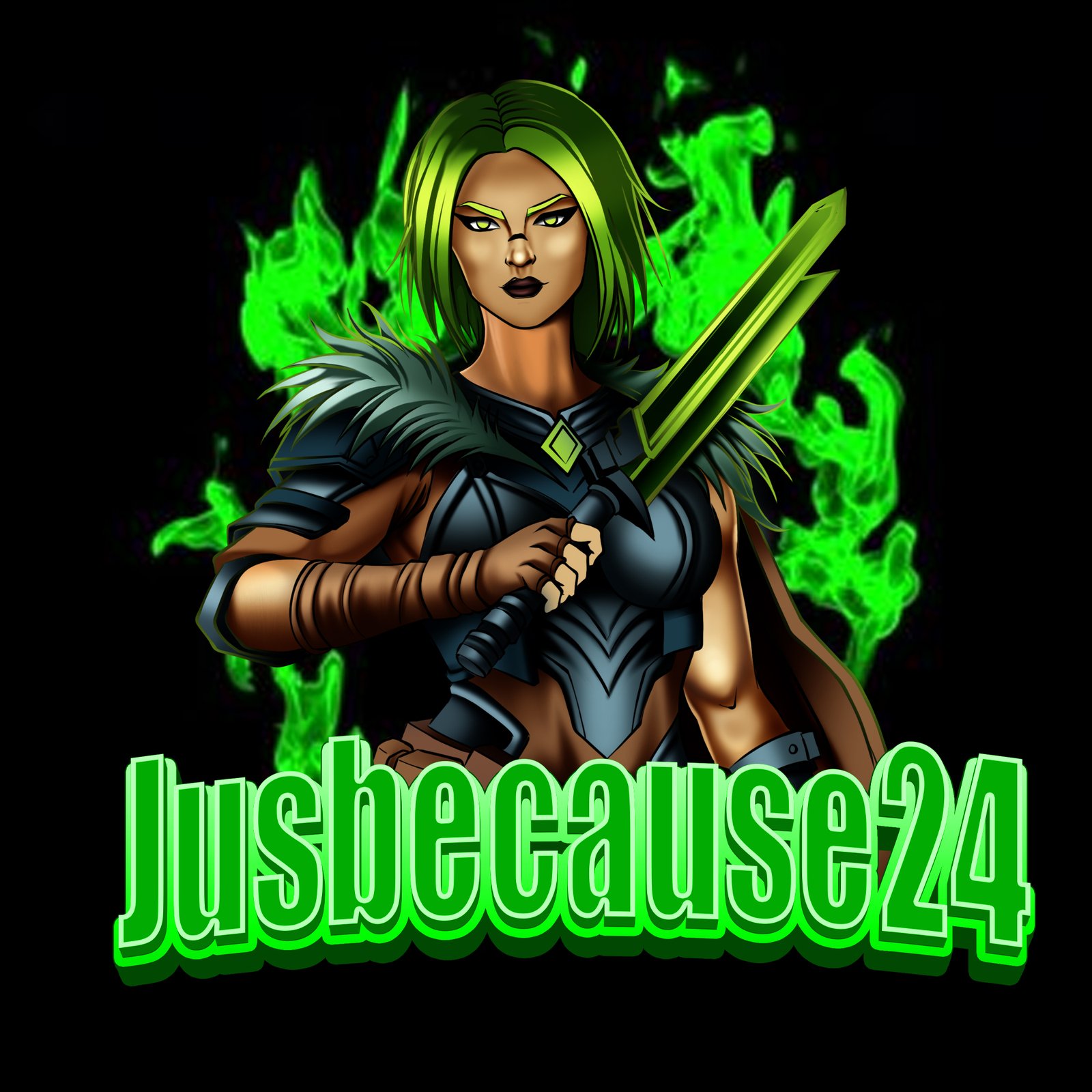Jusbecause24 fantasy warrior holding a glowing green sword, green flame background