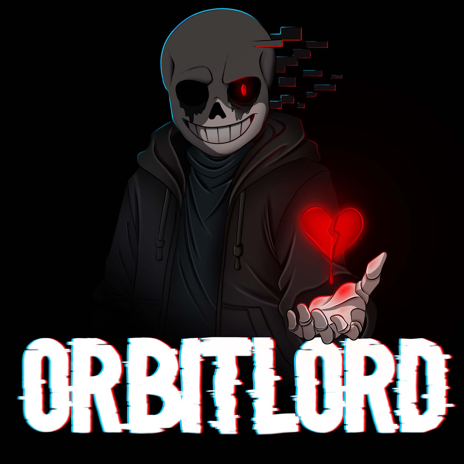 OrbitLord fan art emblem, hooded skeleton character holding a glowing broken heart
