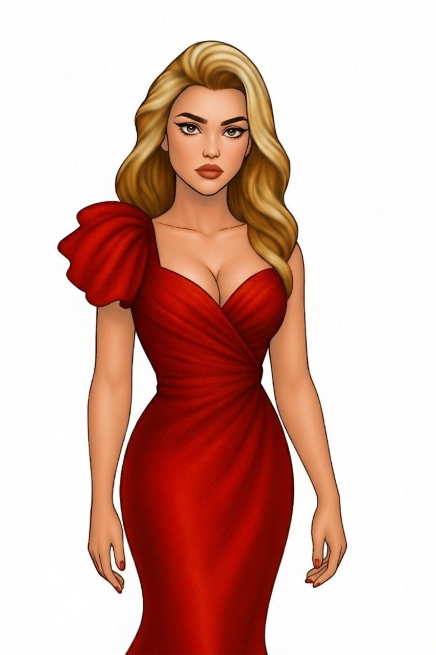 Digital characters featuring woman in red dress.