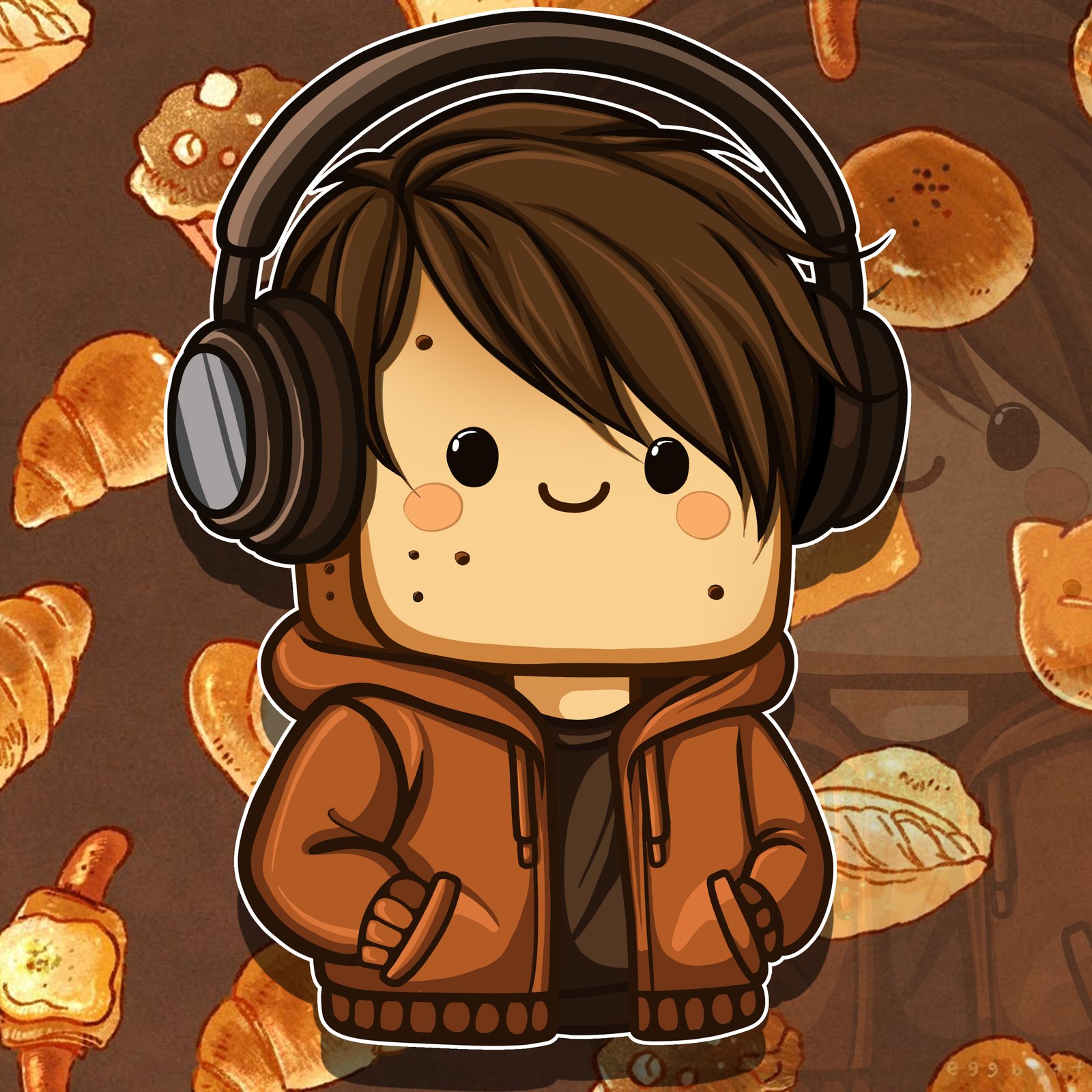 Chibi bread-headed mascot character wearing headphones on a pastry-pattern background
