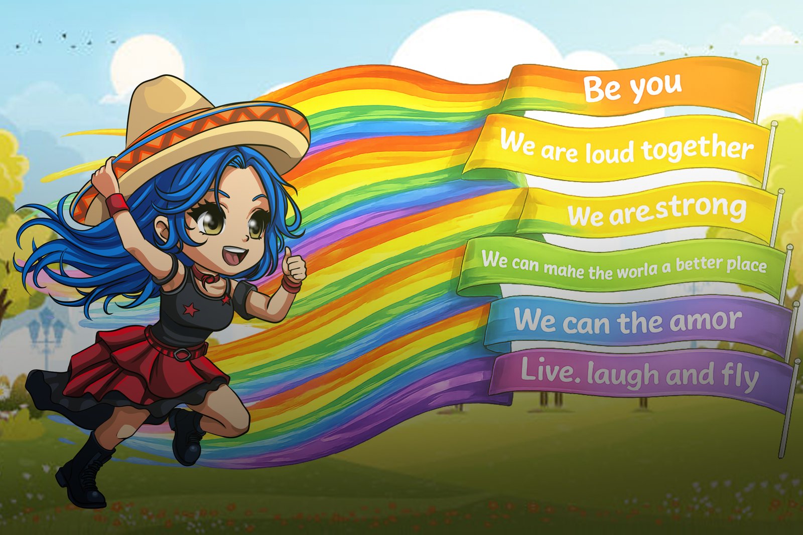 Anime girl in a sombrero running beside a rainbow ribbon banner with motivational text