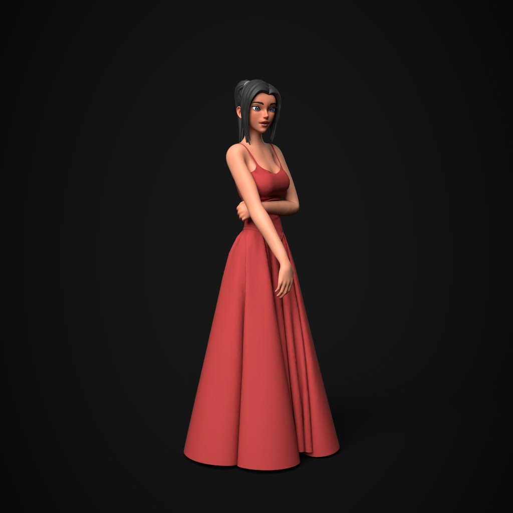 Digital 3d art featuring 3D woman in red dress.